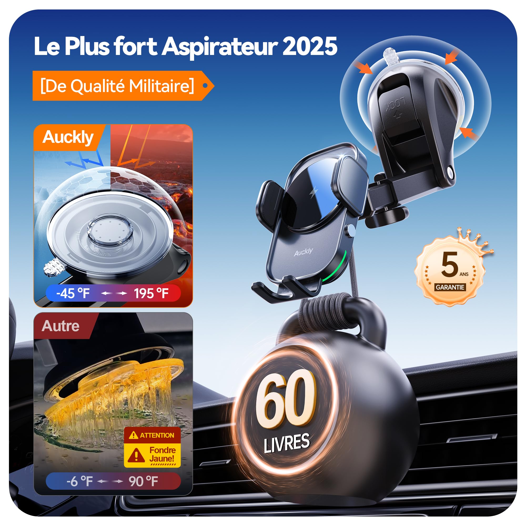 Auckly 15w Support Telephone Voiture Induction,【60W PD+QC+Ventouse+Agrafe】 Rapide Chargeur Induction Voiture, pour iPhone 11 12 13 14 15 16 Série & Samsung S24 S23 S22 etc. [A02 XPAC]