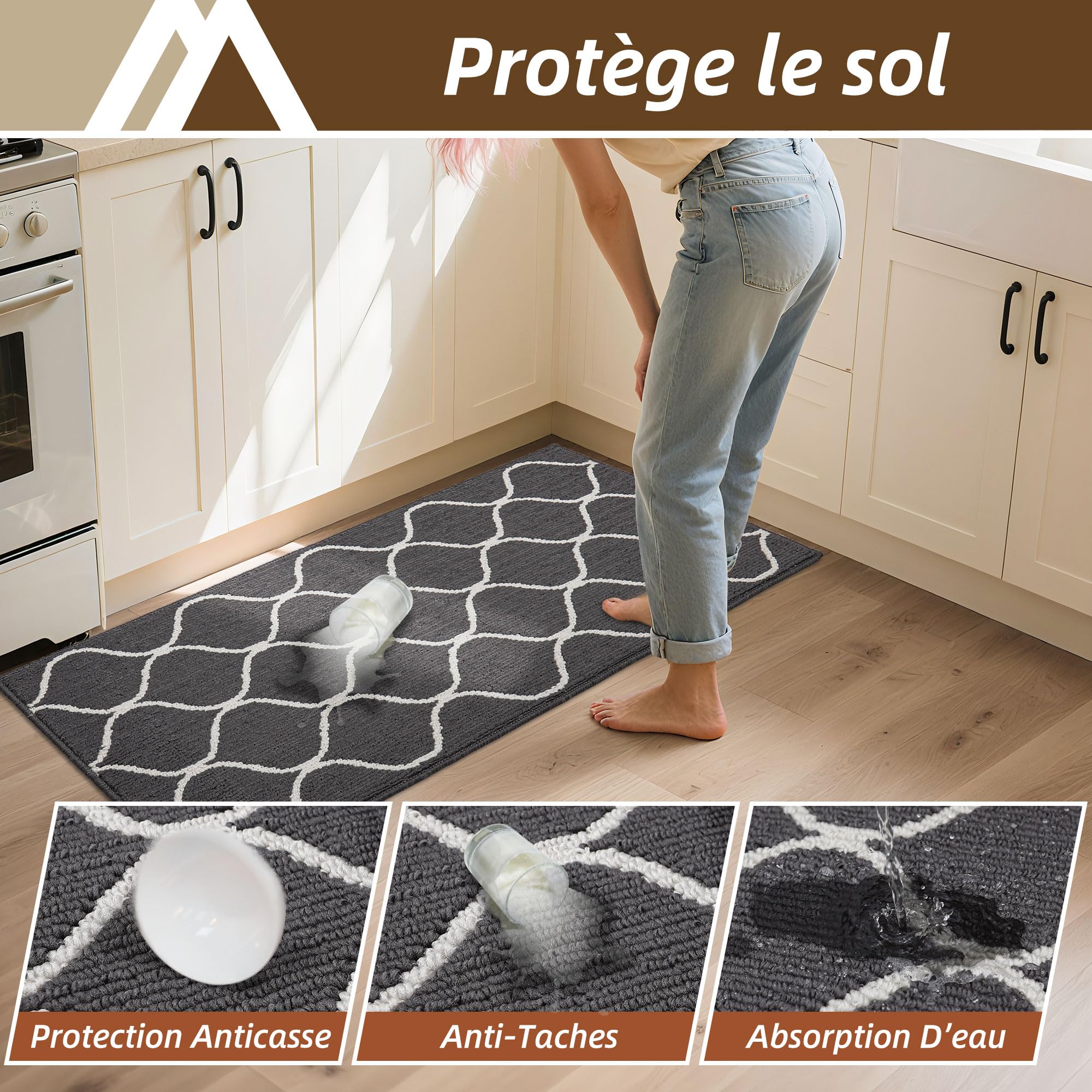 COSY HOMEER Tapis de Cuisine Antidérapant, 60 x 120 cm Tapis de Cuisine Devant Evier, Anti-salissures, Lavable en Machine pour Cuisine, Buanderie, Entrée, Couloir, Gris