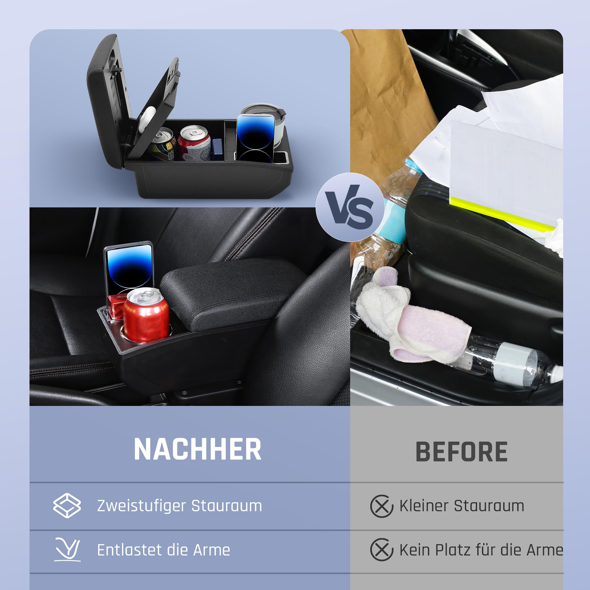 Auto Armlehnen für Fiat 500 2012-2026 Mittelarmlehne | Zweistufiger Stauraum, Mit Getränkehalter, Einfache Montage, PU-Leder,Gilt nur für Bestimmte Modelljahre, Schwarze Nähte