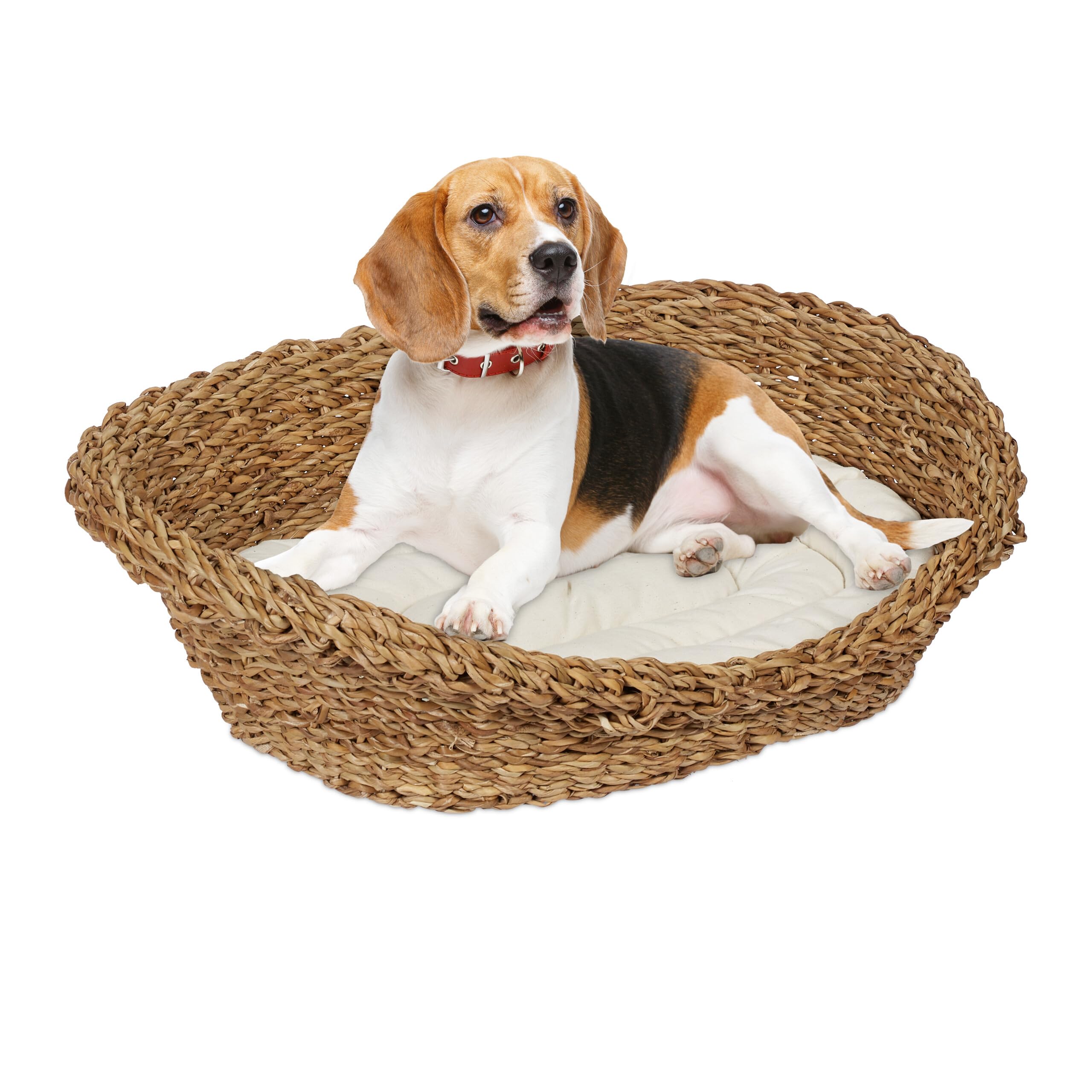 Relaxdays Cama para Perros y Gatos, Camita Mascotas Ovalada, 14 x 54,5 x 40 cm, Hierba Marina, con Cojín, Natural/Crema, Hierro