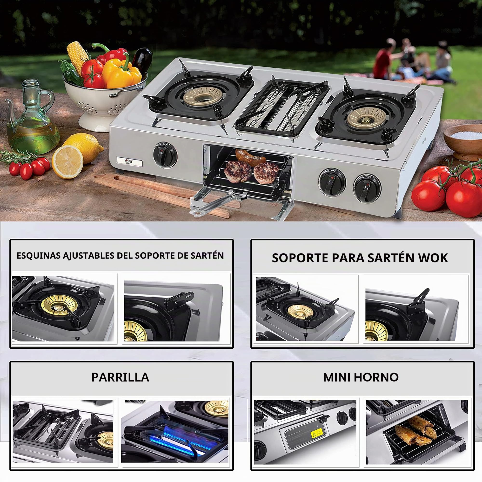 NJ GC-87 – Placa de cocción a gas, con 2 quemadores, parrilla y horno, superficie de acero inoxidable, para uso al aire libre