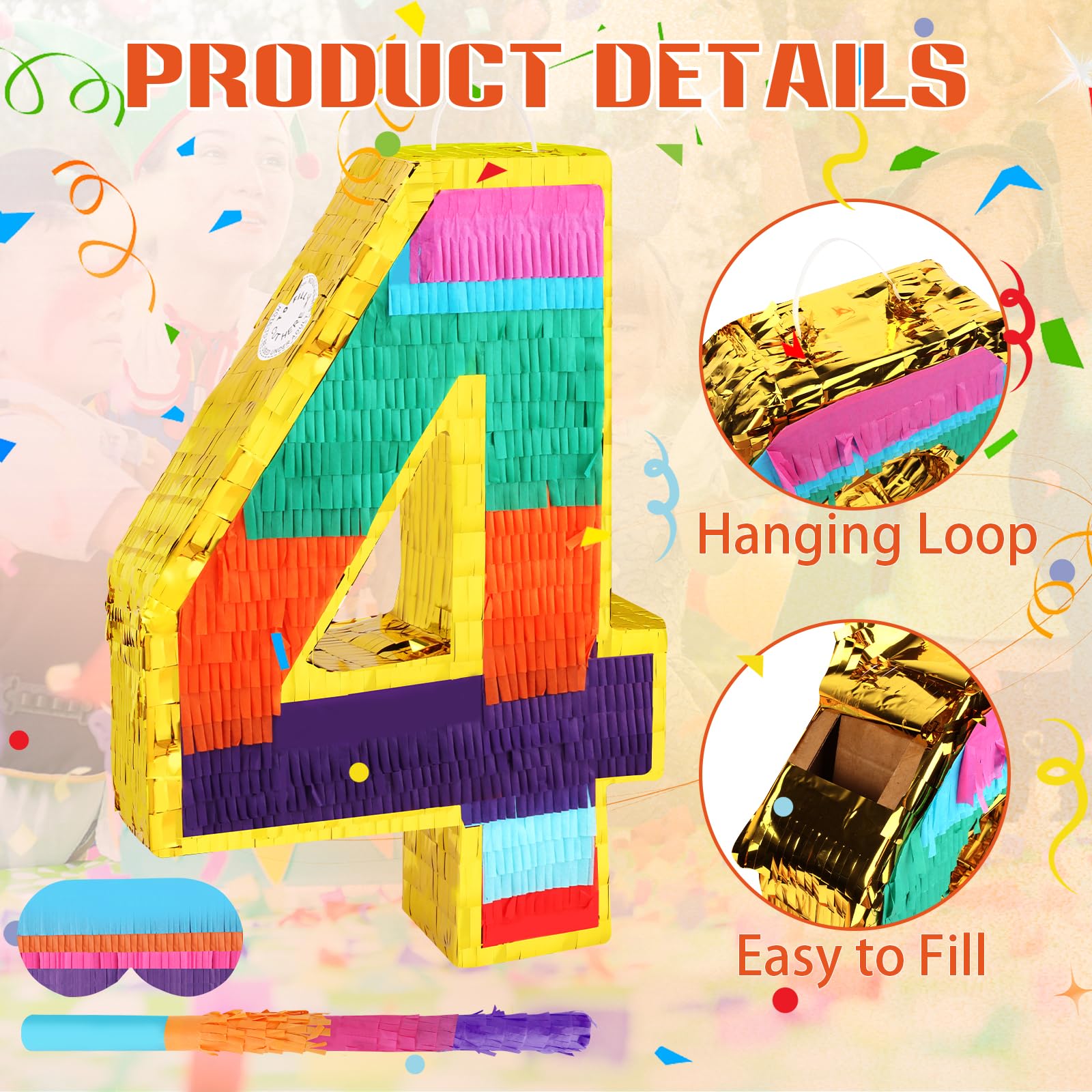 Adecortalk Rainbow Number 4 Pinata for Kids 4th Birthday Party Supplies, Fiesta, Centerpieces, Anniversary Celebrations (16.1 x 10.6 x 3.2 Inches)