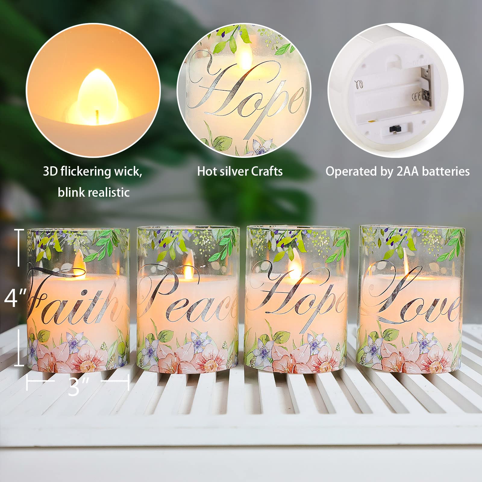 MELTONE Velas Sin Llama Con Control Remoto, Velas LED De Rosa Con Temática De Amor, Calcomanías De Flores, Velas De Vidrio Para El Hogar, Boda, Recámara, Navidad, Primavera, Habitación, Juego De 3