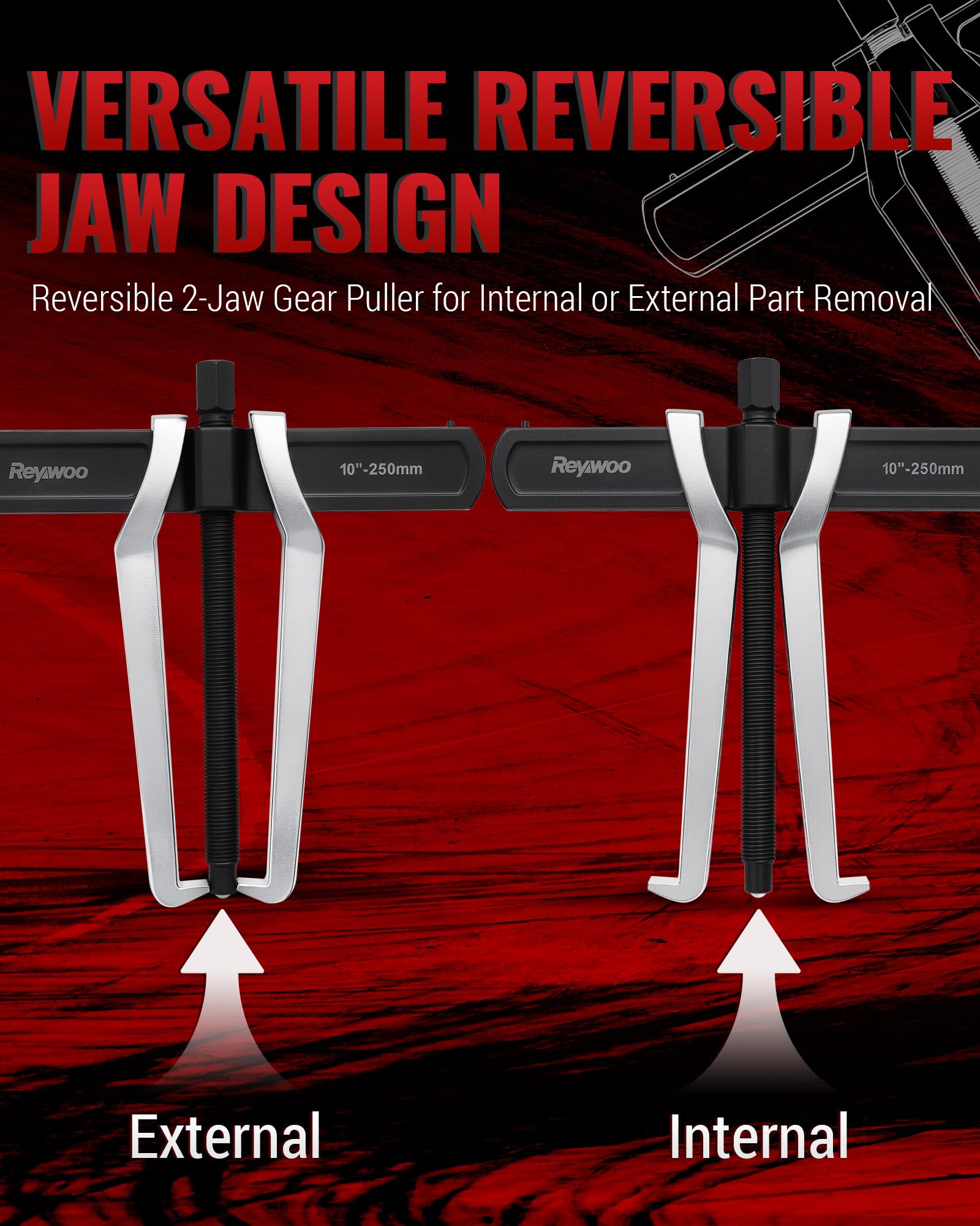 Reywoo Extractor de Engranajes de 2 mandíbulas de 10 Pulgadas y Extractor de rodamientos, Herramienta Ajustable de Acero CR-V con mandíbulas Reversibles para tracción Interna Externa, Elimina poleas