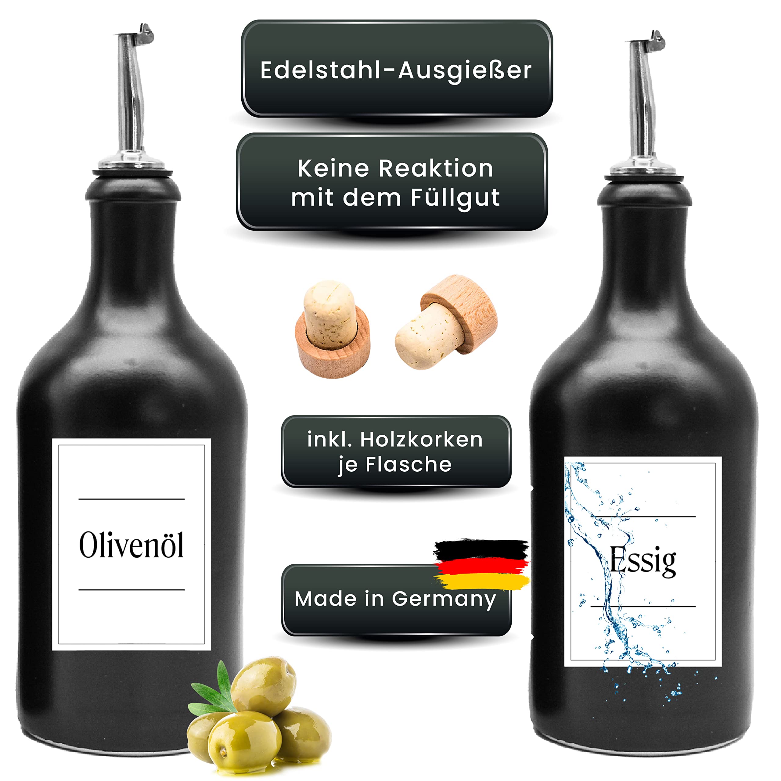 Ölflaschen-Set aus Keramik - mit Edelstahl-Ausgießer und Holzkorken wasserfeste Etiketten - 500ml - ideal zum Verschenken - Made in Germany (4er Set)