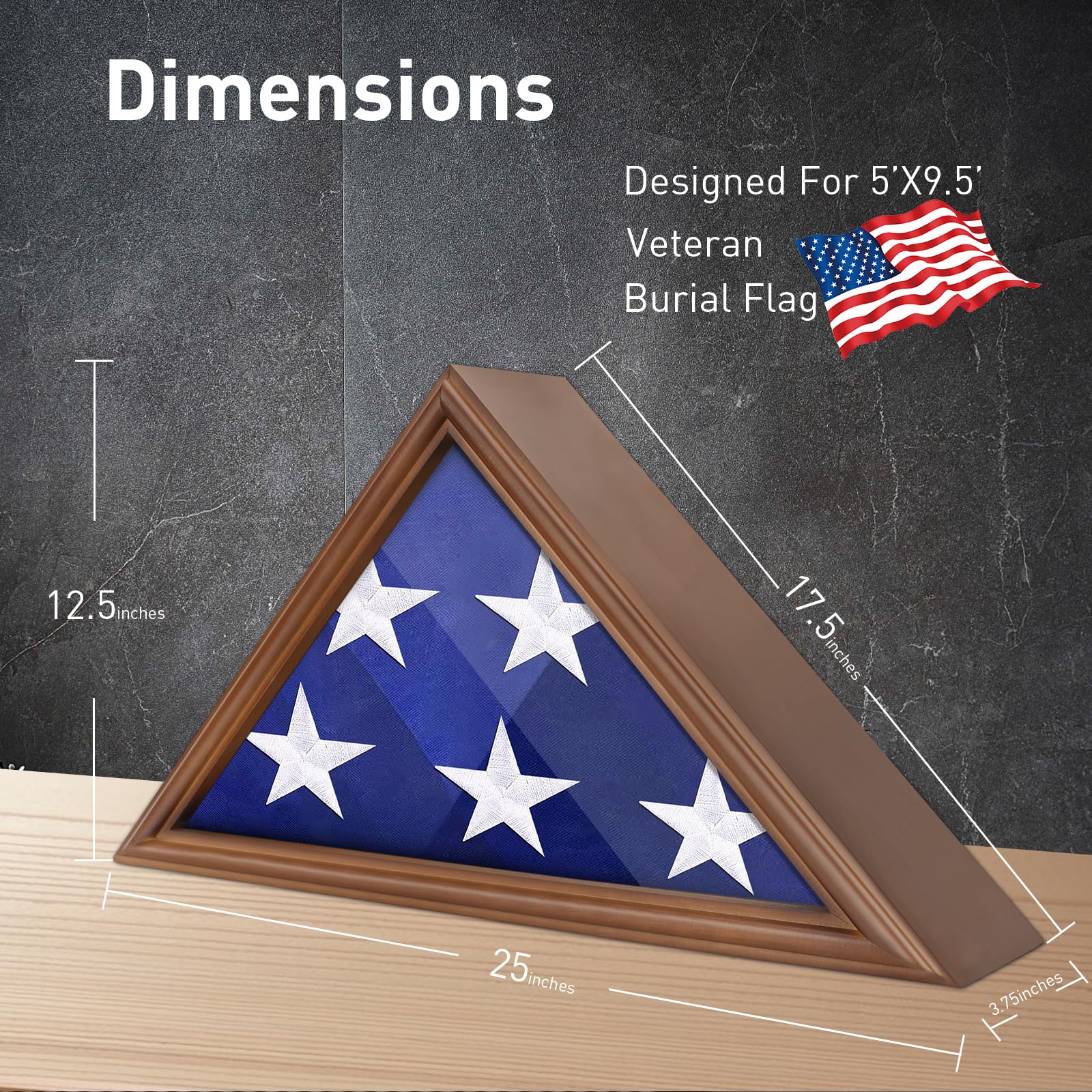 ASmileIndeep Flag Display Case - 5' x 9.5' Funeral & Military Flag Shadow Box with HD Tempered Glass and Wall Mount, Folded Triangle Flag Holder Frame for Veterans, Walnut