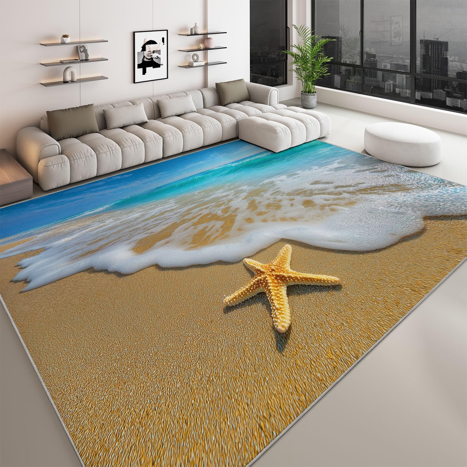 Générique Tapis Salon 160 x 230 cm Grand Tapis de Chambre à Poils Ras - Antidérapant en Caoutchouc, Lavable en Machine, Doux - Moderne Plage Sable Nuages pour Cuisine, Salle à Manger Salle de Séjour