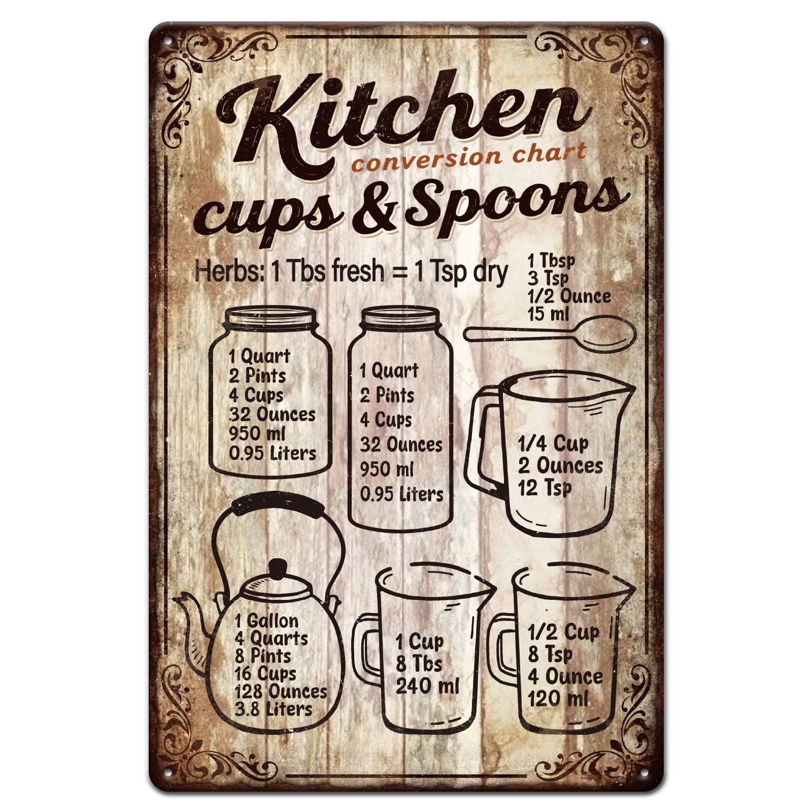 GLOBLELAND Kitchen Conversion Chart Metal Tin Sign 8x12in "Cups & Spoons" Vintage Painting Tin Signs Wall Poster Plaque for Kitchen Cooking Area Dining Room Home Office Pantry Coffee Bar