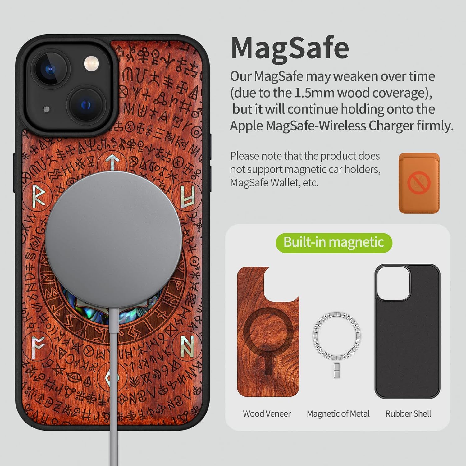 Carveit Designer Wooden Protective Magnetic Case for iPhone 14 Case [Wood Engraving & Shell Inlay] Unique Wood Phone Cover Compatible with iPhone 14 MagSafe (Thors Hammer-Rosy)