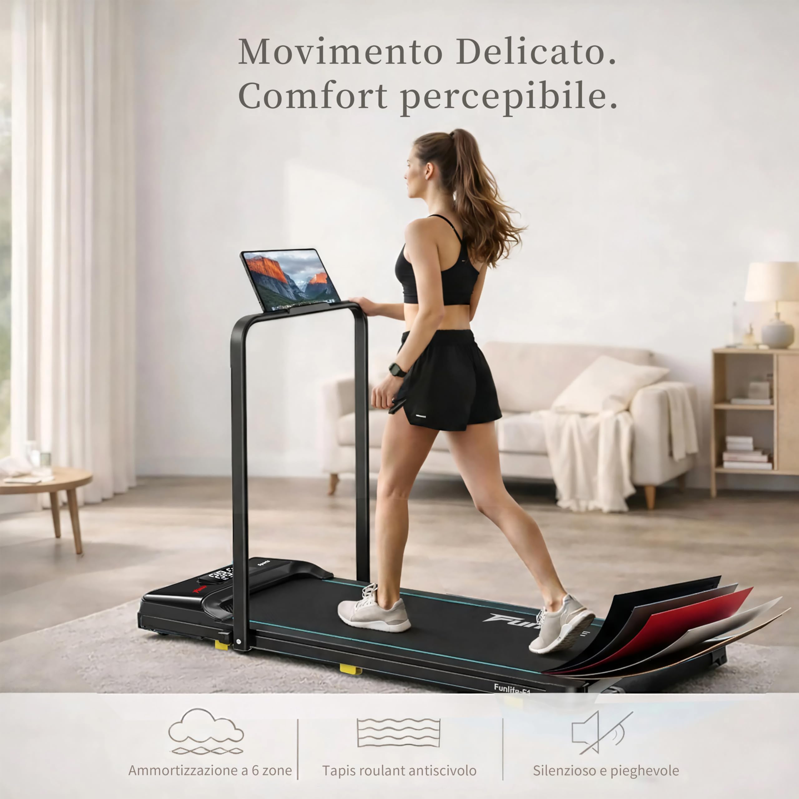 FunLife F1 - Tapis roulant pieghevole 3 in 1 con maniglia, silenziosa e piatta, fino a 120 kg, per scrivania e ufficio, per anziani e riabilitazione