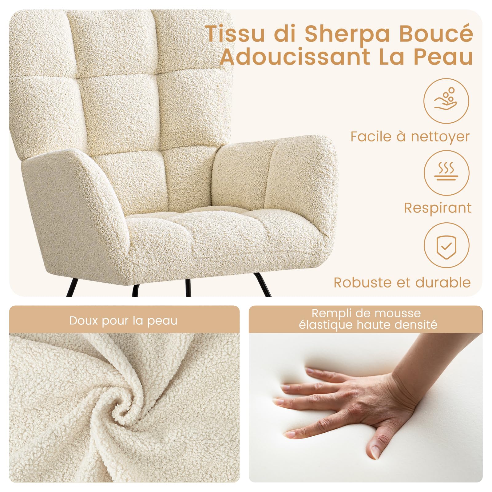 Poltrona a Dondolo, Sedia a Dondolo per Salotto Poltrona Allattamento con Schienale Alto e Base in Legno Massiccio per Cameretta Bambini Camera da Letto Soggiorno, Bianco