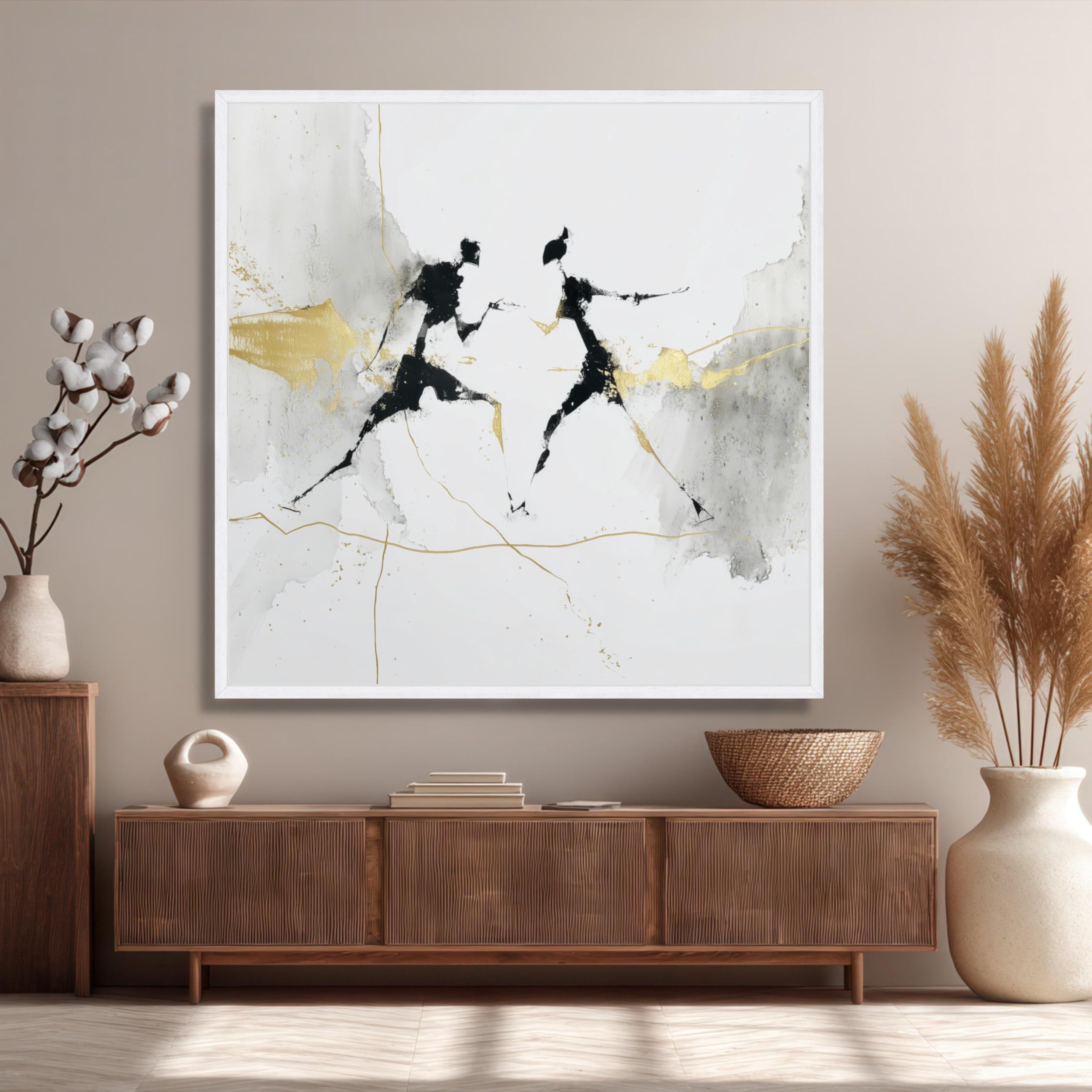 XINBAO Obraz na płótnie z pojedynkiem szermierkowym, czarny złoty obraz ścienny minimalistyczna sylwetka sportowa dekoracja domu, gotowy do powieszenia obraz (65 x 65 cm/wewnętrzna rama)