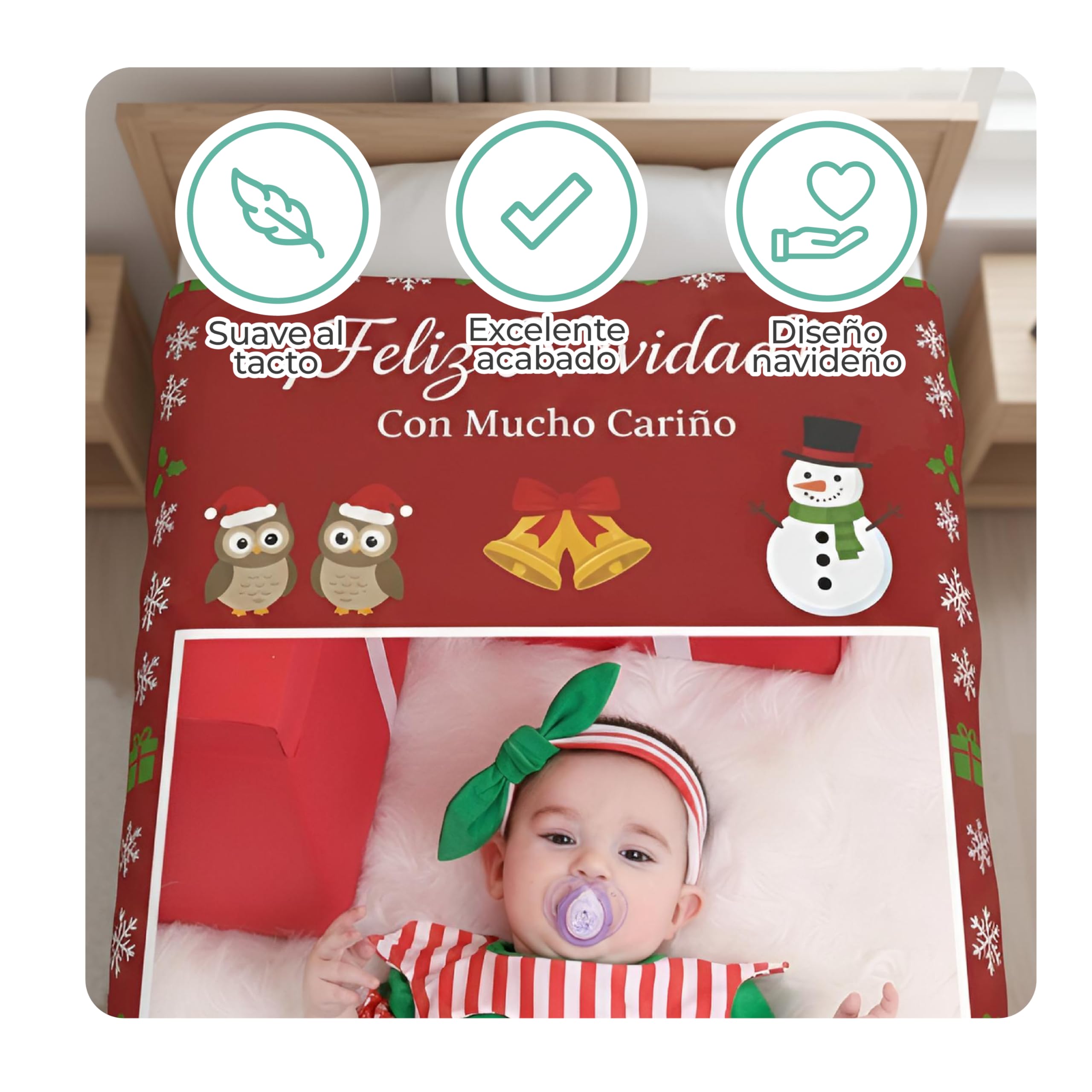 Manta Navideña Personalizada con Foto y Nombre (3 Fotos, 150X230)
