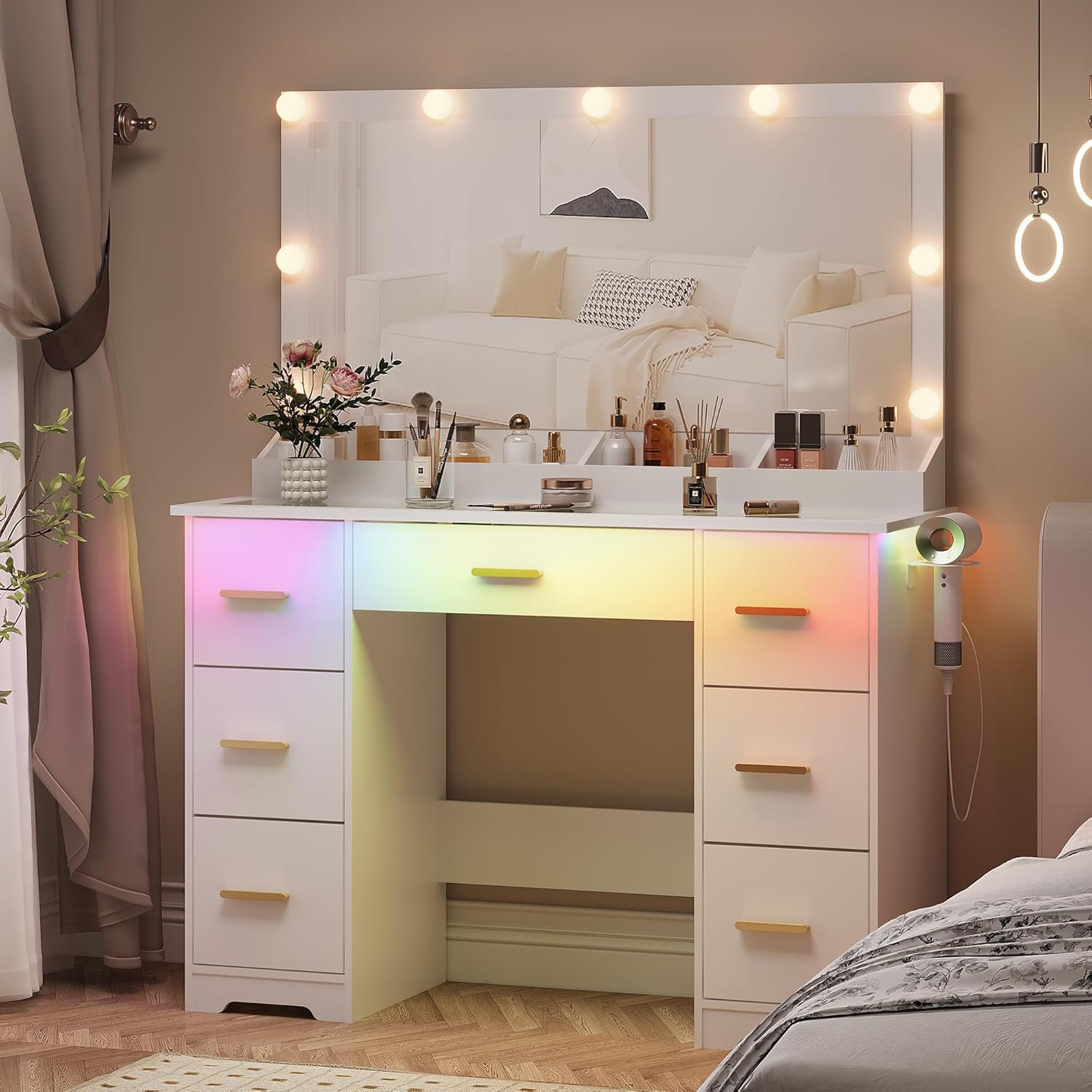 44" Vanity Desk with Mirror and Lights, Glass Top Makeup Vanity with RGB Ambient Lights & 7 Drawers, Large Dressing Table with Power Outlet for Bedroom, White