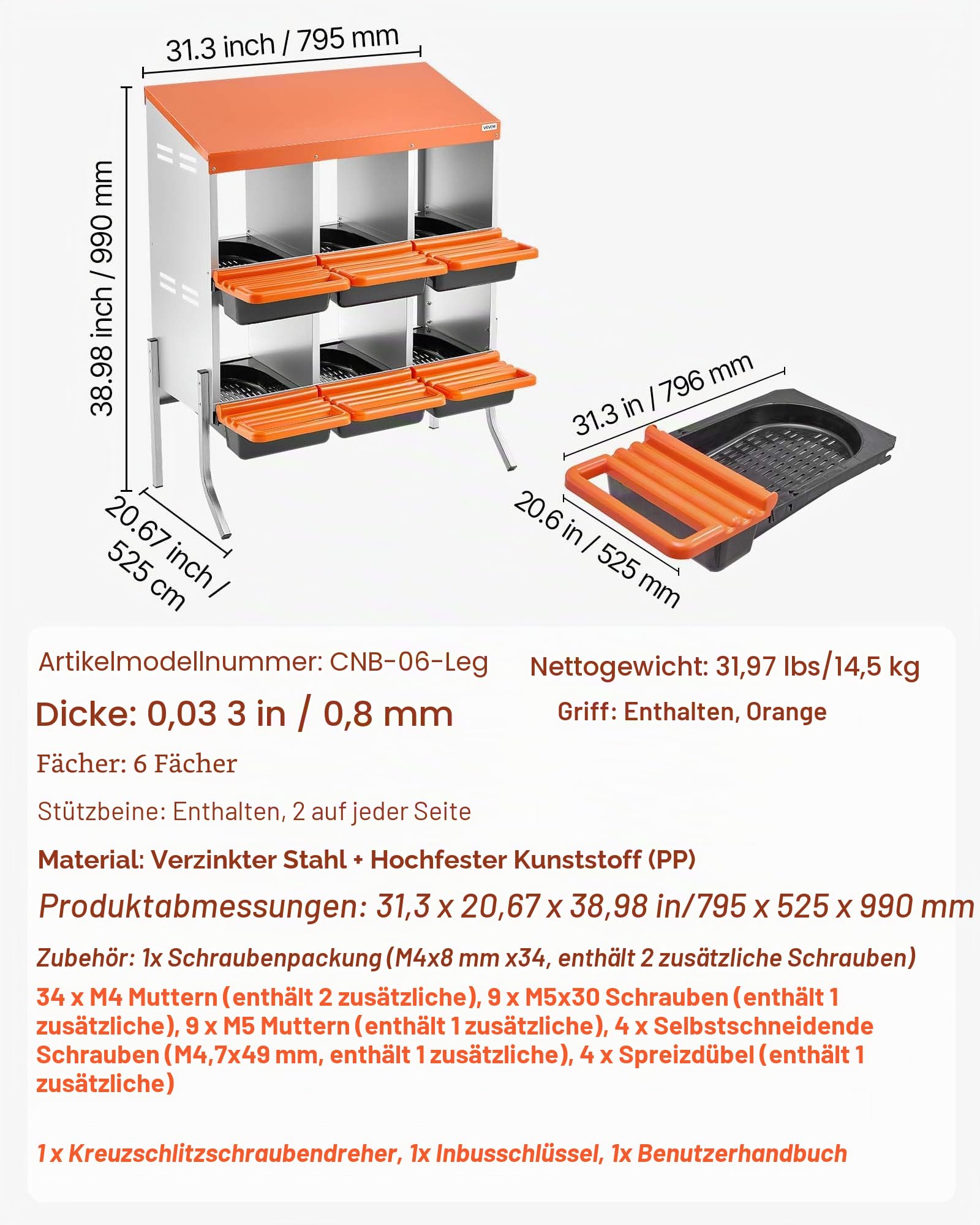 VEVOR 2-stöckiges Legenest 795x525x990 mm, 6 Fächer, Hühnernest aus Metall mit Stützbeinen, Geflügelnester, Abrollnest, ideal für Hennen, Enten, Hühner & anderes Geflügel, Orange
