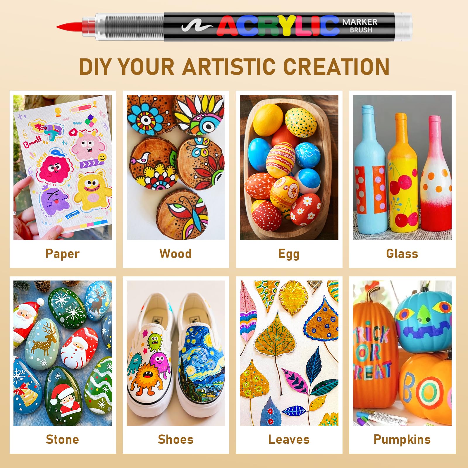 366 Couleurs Feutre Acrylique, Peinture Acrylique, Marqueur Acrylique à pointe pinceau de 1 à 5 mm pour Pierre, Tissu, Verre, Céramique, Toile, Papier, Bois, Oeuf et Décoration, Idée Cadeau - 5