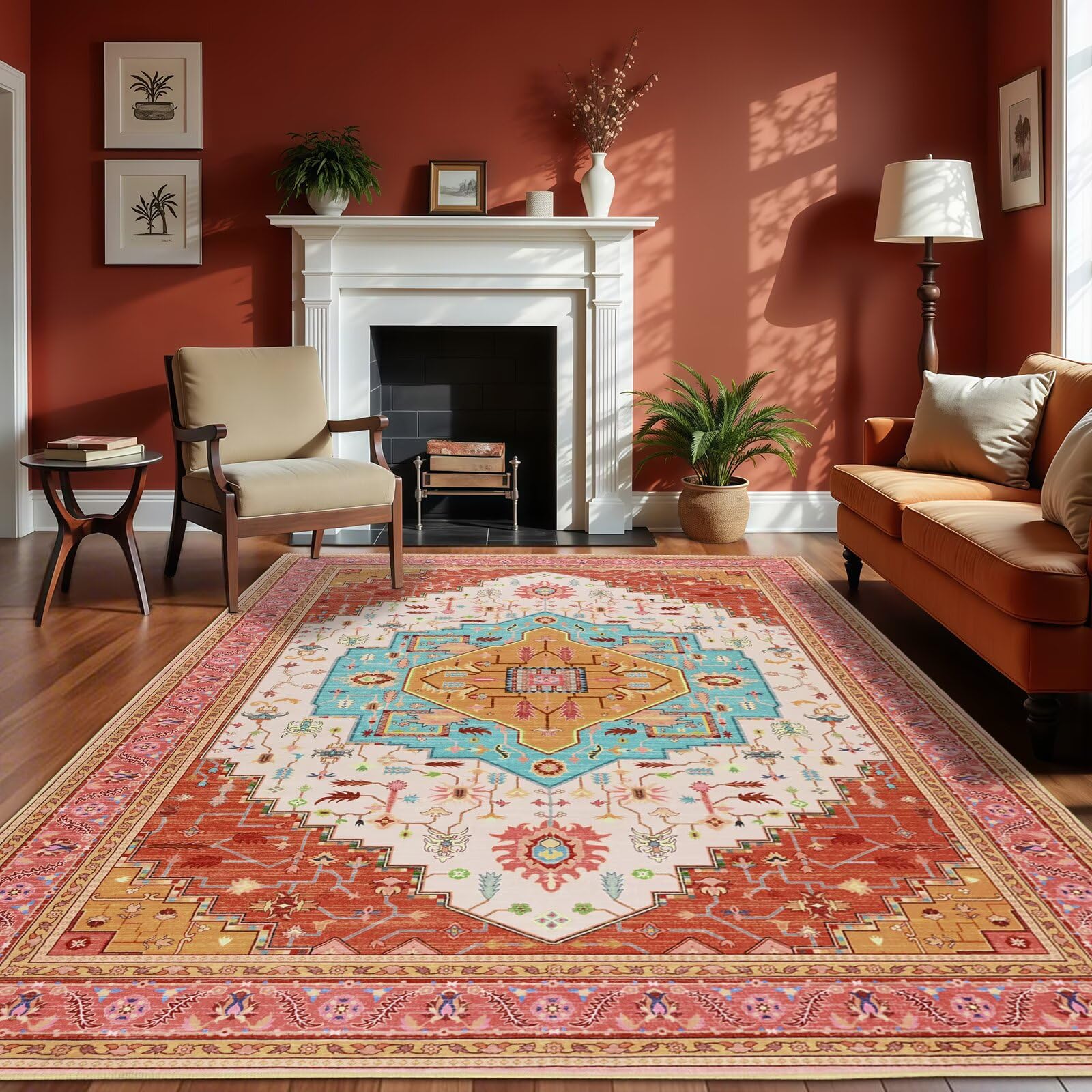 Macgace 6x9 Orange Pink Area Rug for Living Room, Machine Washable Rugs with Non-Slip Backing for Bedroom, Vintage Medallion Carpet Dining Room Office