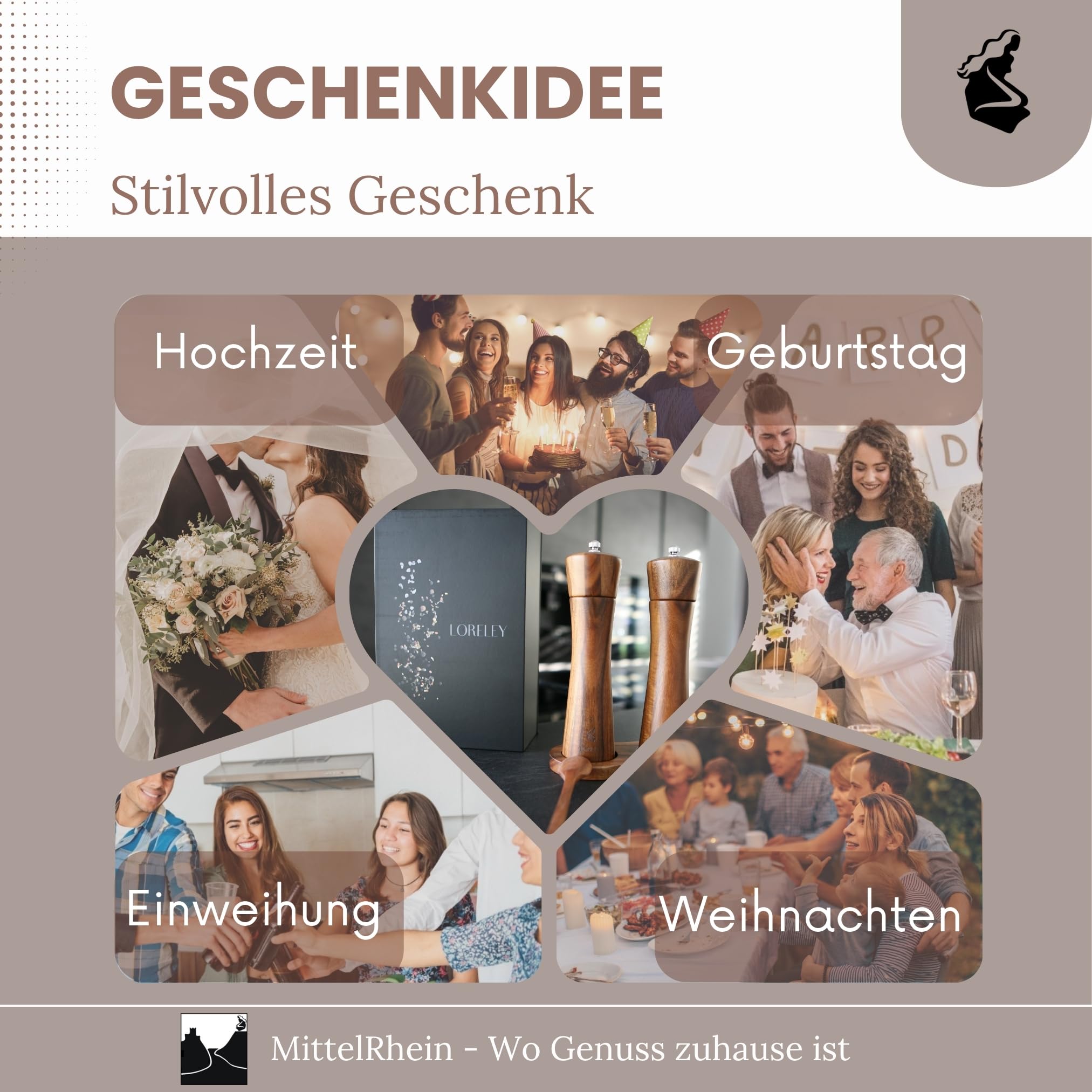 LORELEY® MITTELRHEIN Germany Salz- & Pfeffermühle aus Holz mit Keramikmahlwerk – inkl. Untersetzer & Pinsel – Gewürzmühle in Geschenkbox – Geschenk zur Hochzeit | Einweihung (Luxury Holz)