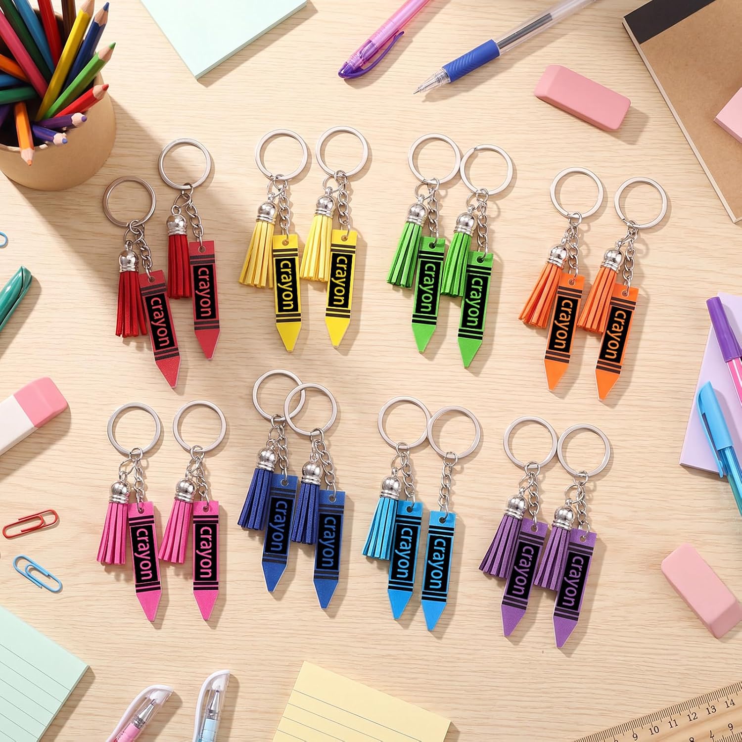 Equsion 24pcs Back to School Gifts for Students Crayon Keychains Bulk | 24 Colorful Acrylic Crayon Keychains for Student Welcome Gifts Classroom Rewards Backpack Charms and Party Favors