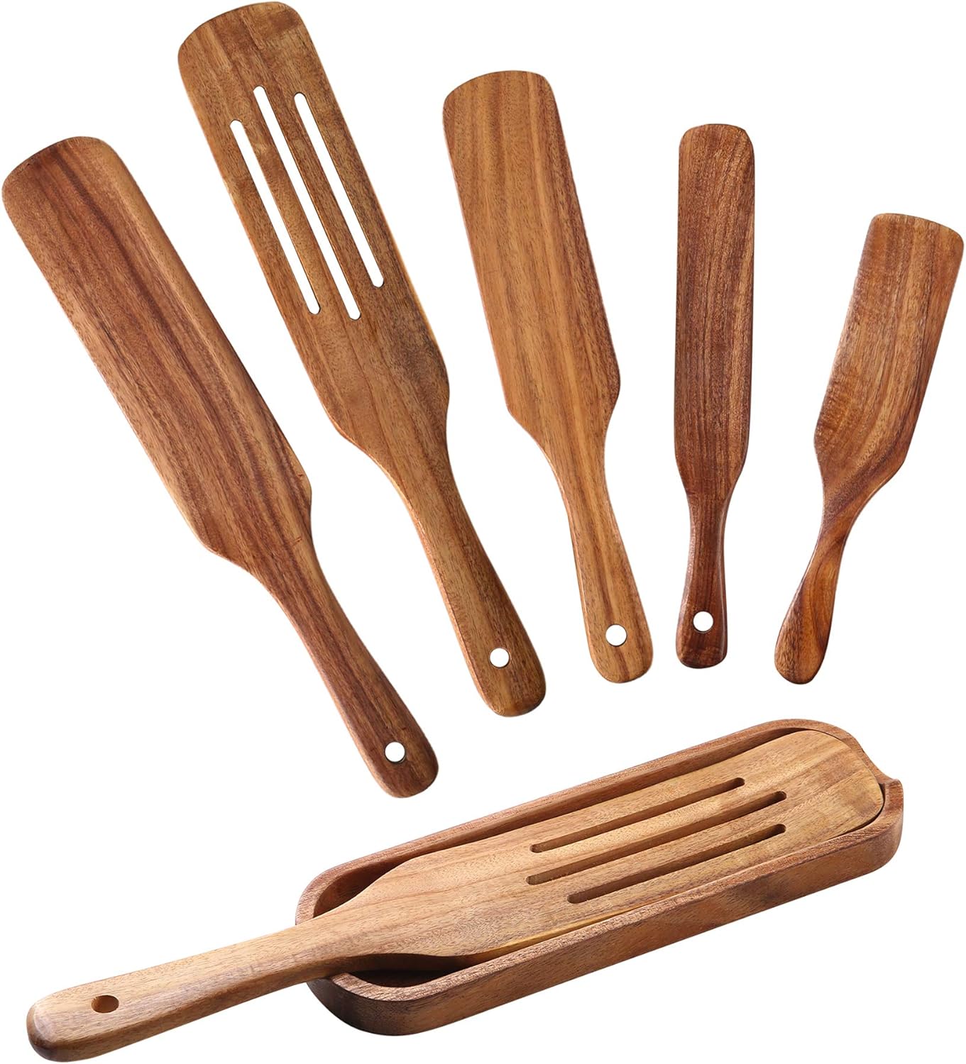 Wooden Spurtle Kitchen Utensils,QWKIT 6 Pcs Premium Natural Teak Wood Slotted Spurtle Spatulas Spoons Set for Nonstick Cookware Kitchen Cooking Heat Resistant Non Stick (with holder)