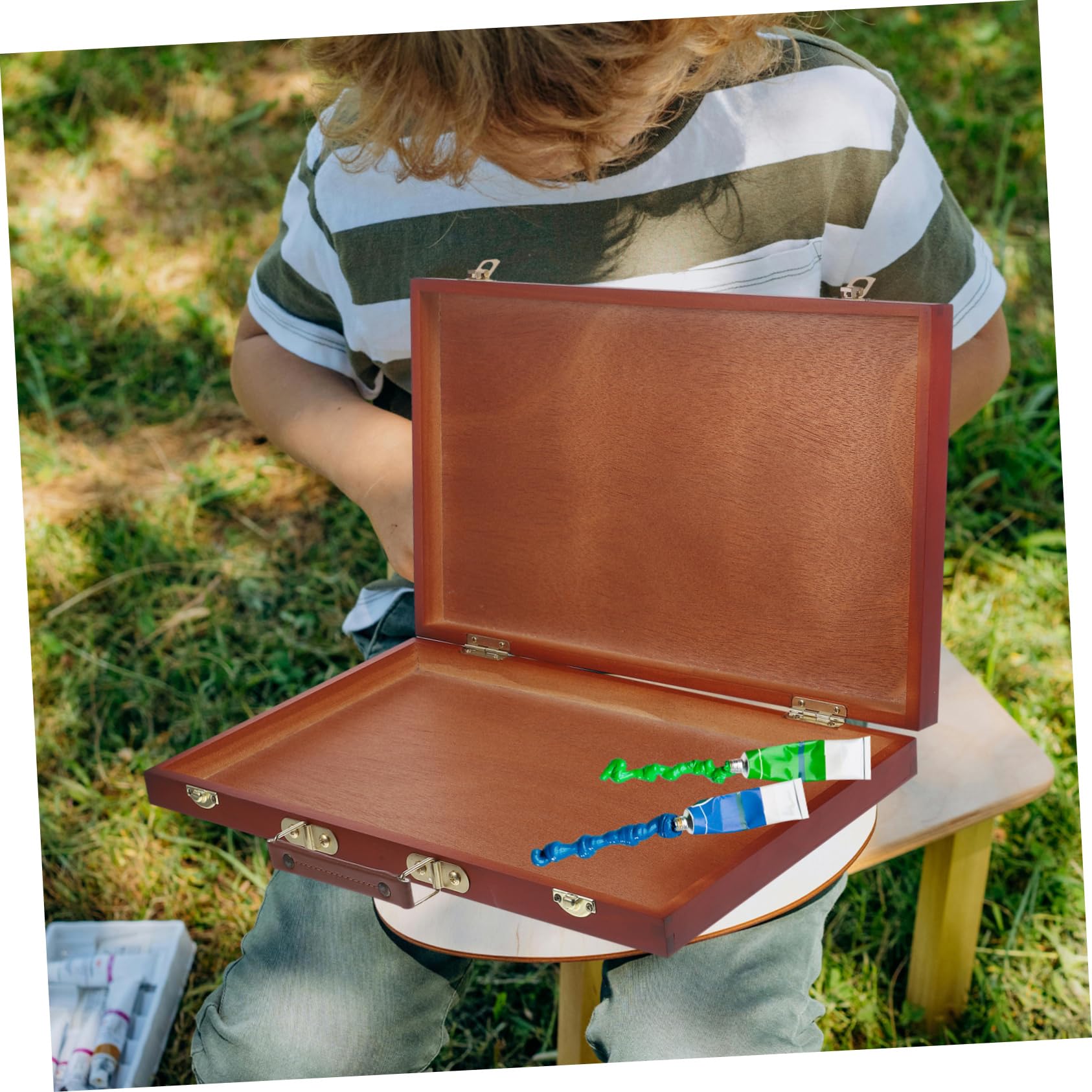 Boîte à Peinture en Bois Style Européen Poignée, Rangement Pratique pour Pinceaux et Pigments, pour Artistes en Extérieur Bureau