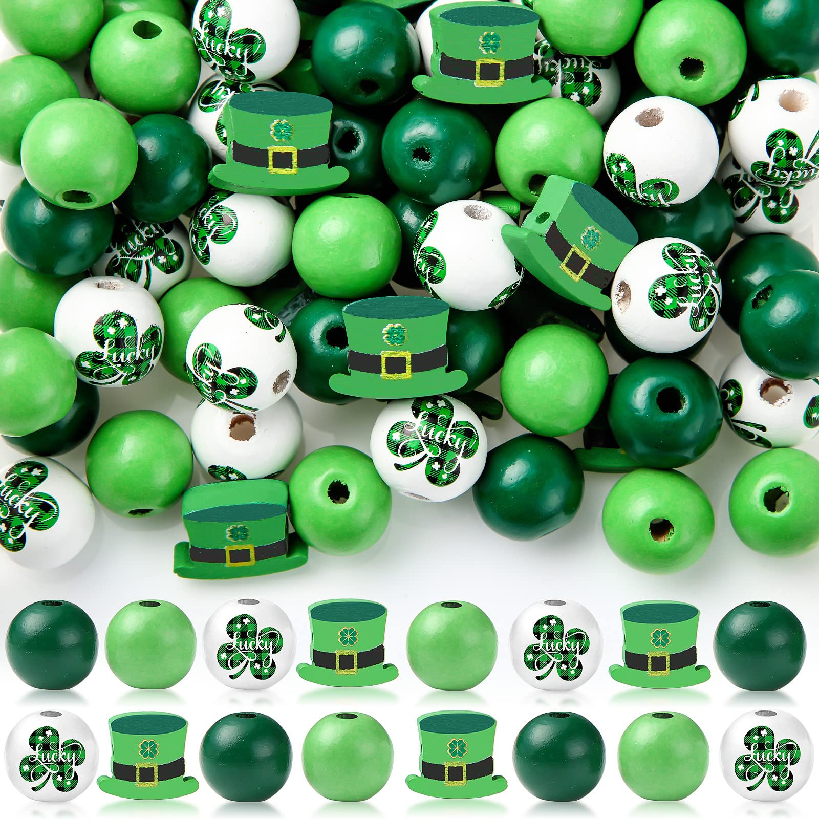 Photo 1 of 160 Pieces St. Patrick's Day Wood Beads DIY Natural Green Polished Wood Spacer Bead Farmhouse Wooden Round Beads with Four leaf Clover Pattern for Patrick Day Home Party Decoration Crafts Making Decor