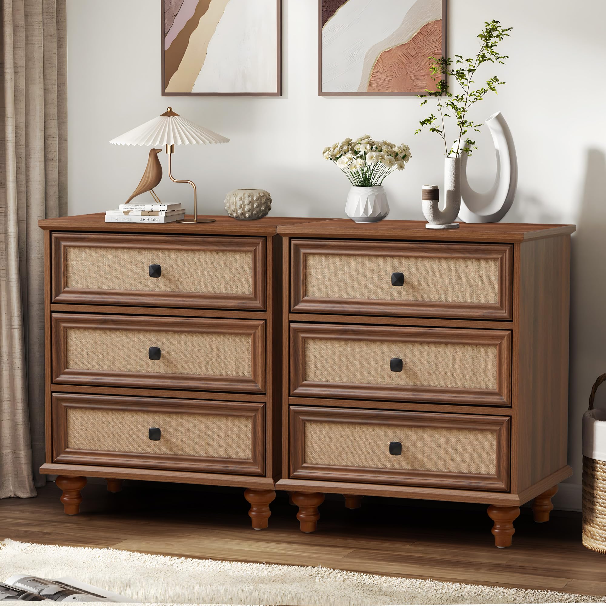 ORRD 3 Drawer Dresser for Bedroom, Mid Century Modern Wide Wood Vintage Chest of Drawers Wooden Storage Organizer Dressers with Burlap Rattan Drawers