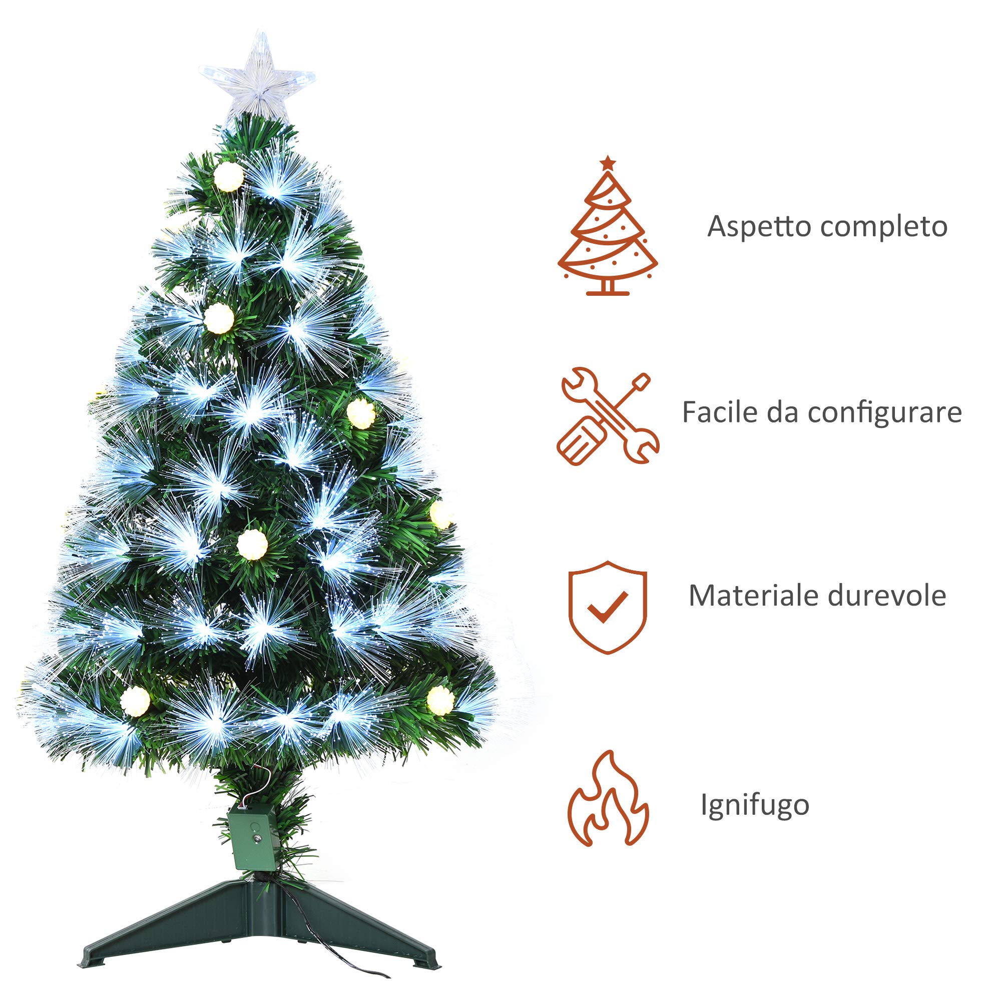 HOMCOM Albero di Natale Artificiale 90cm con Luci Incorporate e 90 Rami, Albero di Natale con Luci a LED e Fibre Ottiche, Base Pieghevole Rimovibile