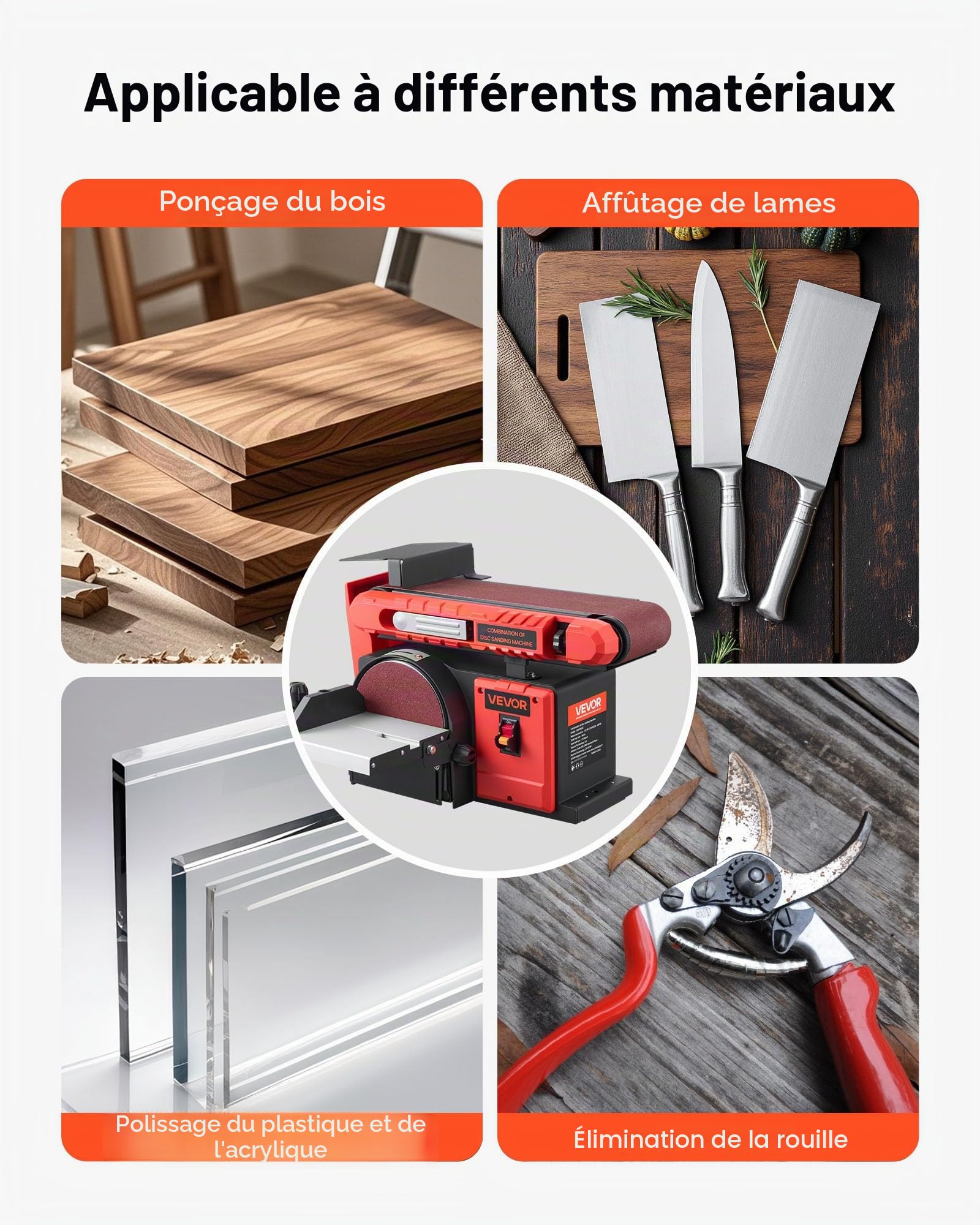 VEVOR Ponceuse à Bande et à Disque 400 W Bande Abrasive Réglable 101,6 x 914,4 mm Disque de Ponçage 152,4 mm Table de Travail Réglable 0-45° avec Port de Poussières pour Travail du Bois et Bricolage