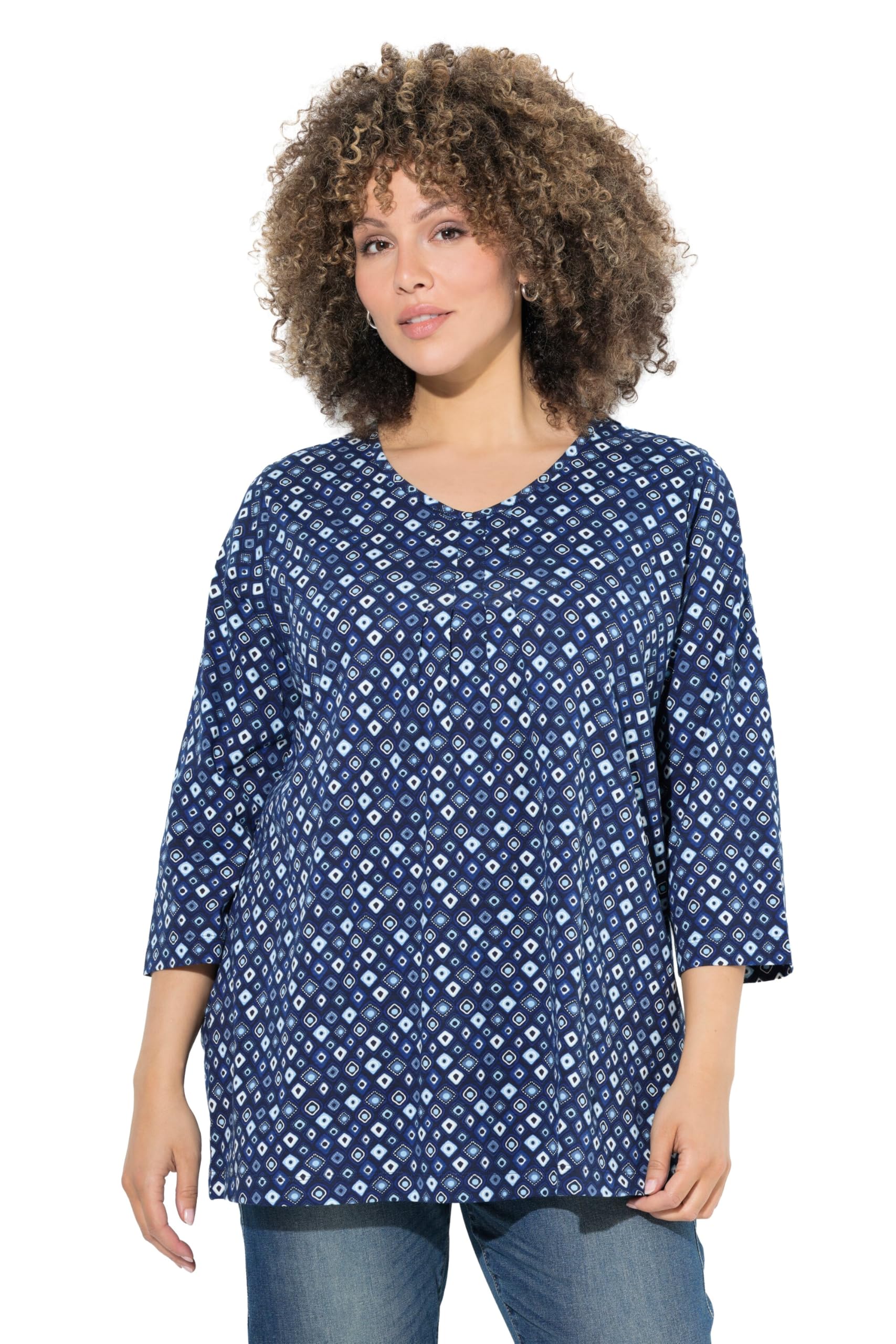Ulla Popken Damen große Größen Übergrößen Plus Size Shirt, grafischer Druck, A-Linie, V-Ausschnitt, 3/4-Arm 844393
