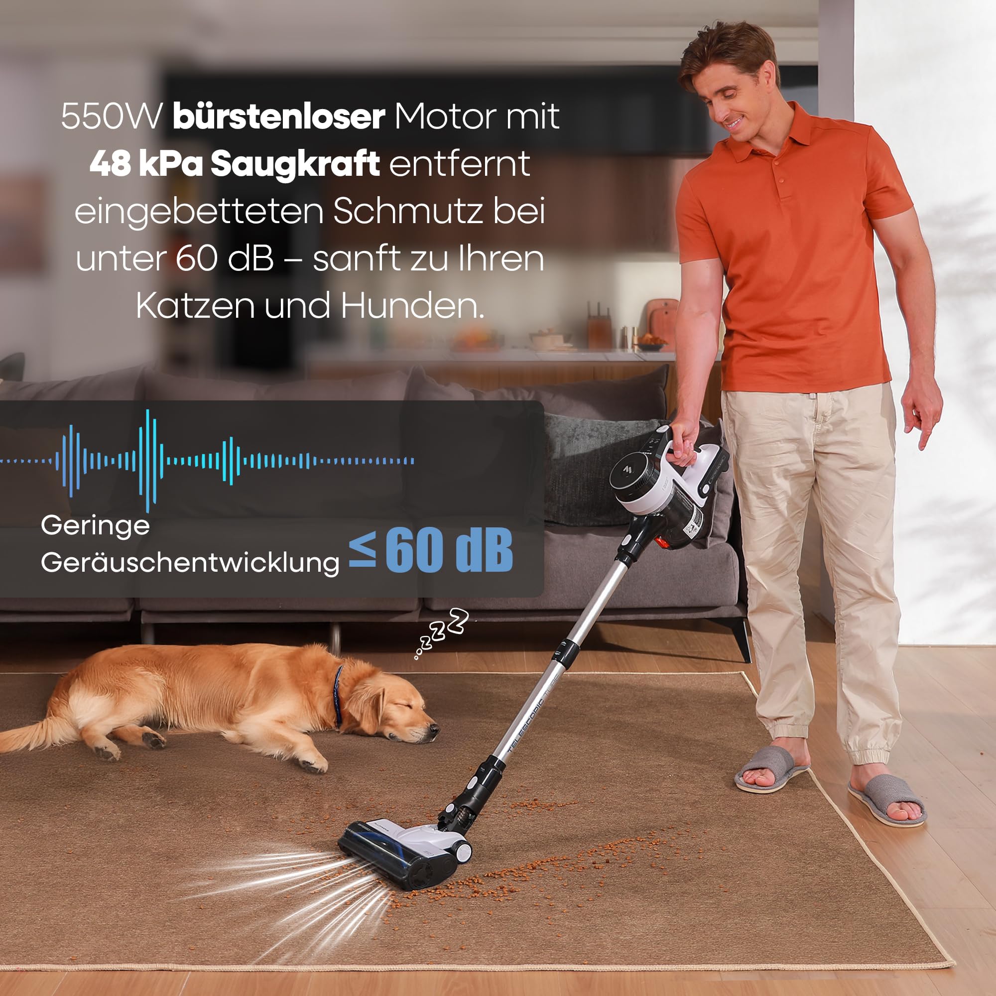 AlloyMove Akku Staubsauger 50000Pa/550W/70Min, 1.5L Staubsauger Kabellos mit Anti-Tangle-Bürste und Wandladestation, 7-Schicht-Filtersystem Super Leise für Tierhaare/Teppiche/Hartböden/Auto A01