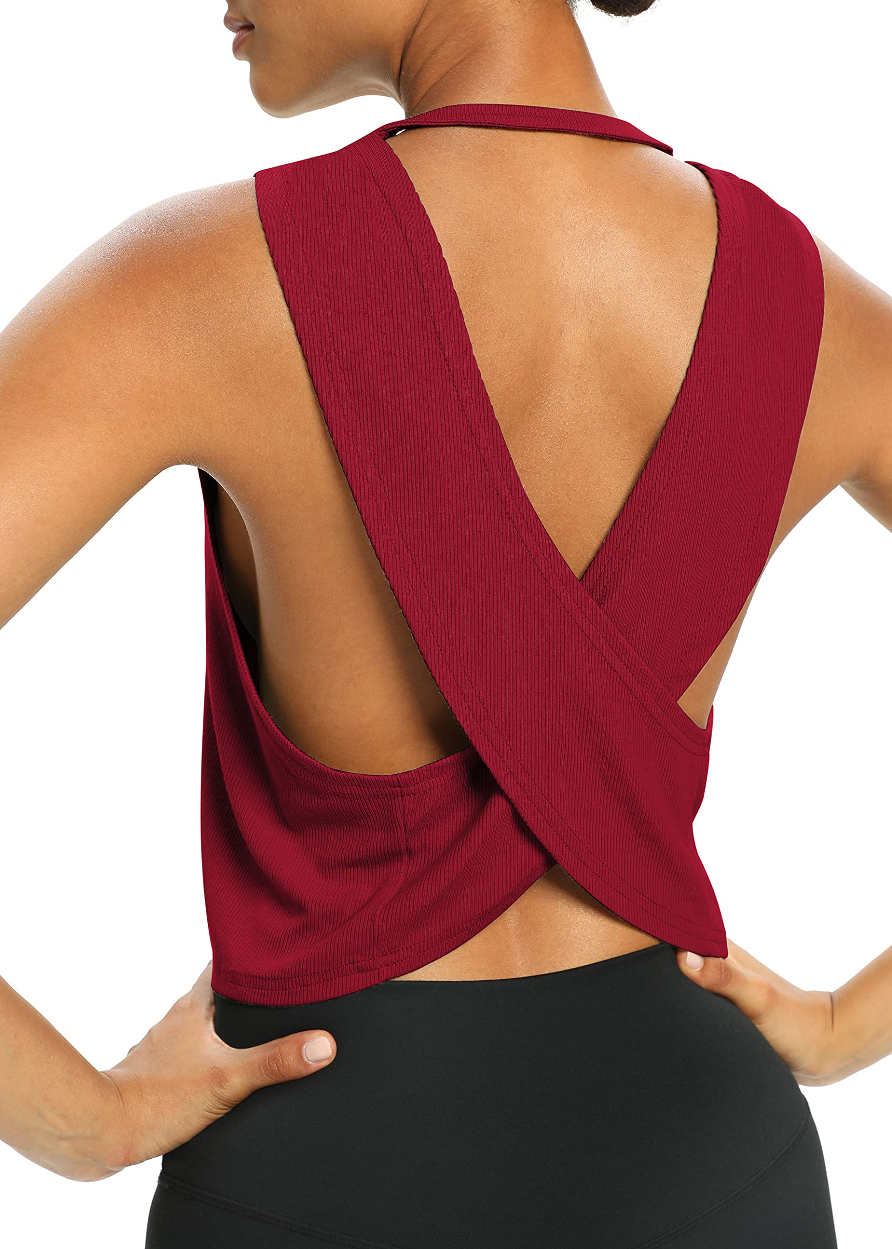 Bestisun Damskie topy treningowe luźny krój, zwiewne, przycięte bezrękawniki, koszulki sportowe z odkrytymi plecami, krótkie topy dla kobiet, czerwony (wine red), XL
