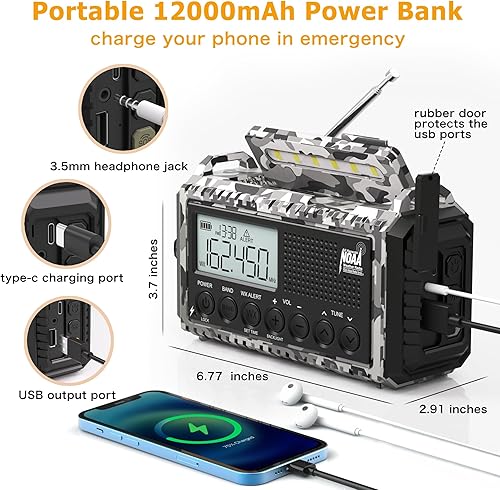 Miniatura 33 de Radio meteorológica de emergencia, manivela solar, funciona con pilas, radio de onda corta AM FM portátil con alerta NOAA, linterna, lámpara