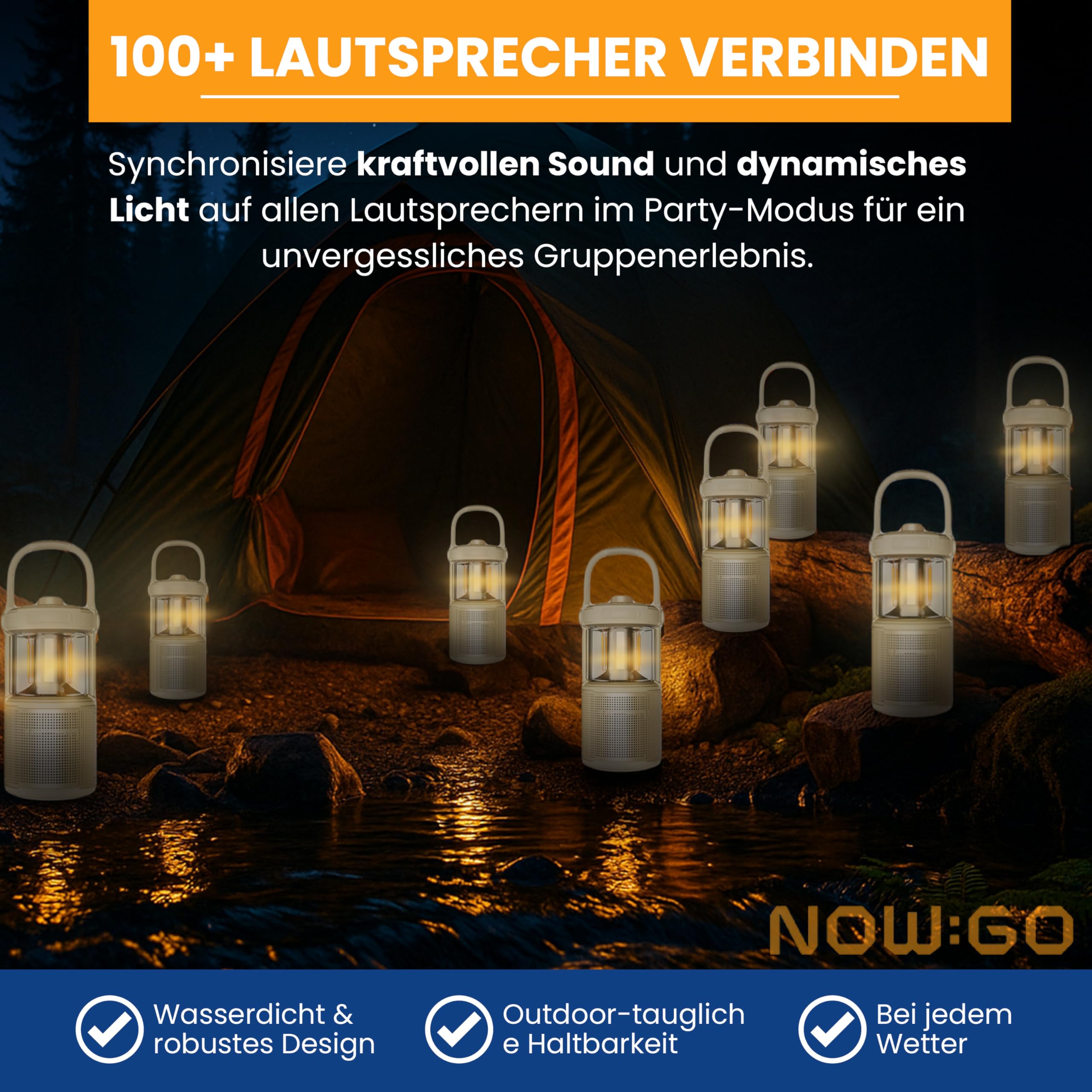 Felix 2 Campinglampe LED mit Bluetooth Lautsprecher – Aufladbar, 360° Licht, 20W Sound, IPX7 Wasserdicht, 24h Akku, USB, Outdoor Musik, Camping Laterne für Zelt, Sandgelb