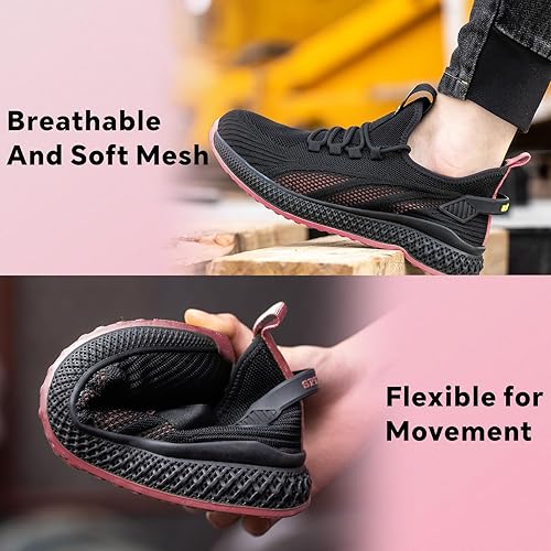 SPIEZ Slip on Safety Shoes for Women,Lightweight Non Slip Work Shoes,Air Cushion Safety Sneakers for Work and Daily Wear Black-Pink(7)