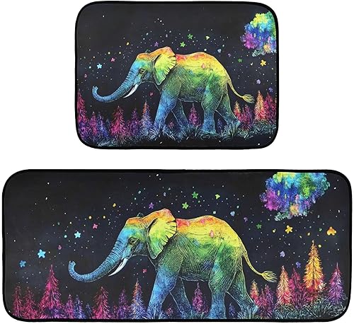 Alfombra de cocina con estampado de elefante, color arcoíris, 2 piezas, de pelo bajo, absorbente de agua, tapetes para cocina, fregadero, sala de