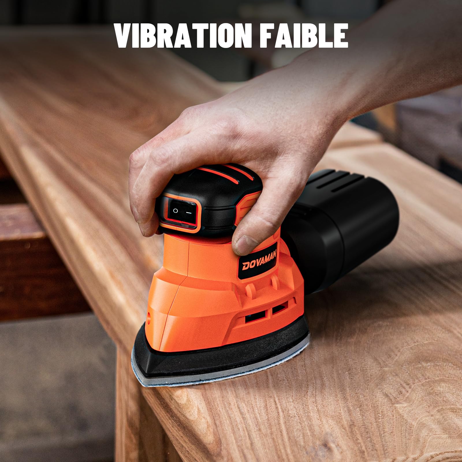 DOVAMAN DLS03A Ponceuses de Détail 130W, jusqu'à 12000 tr/min, 12PCS Papier Abrasif Adhésif, 2 Options de Collecte de Poussière, Faible Vibration, Ponceuse Électrique Parfaite pour les Bois et Acier