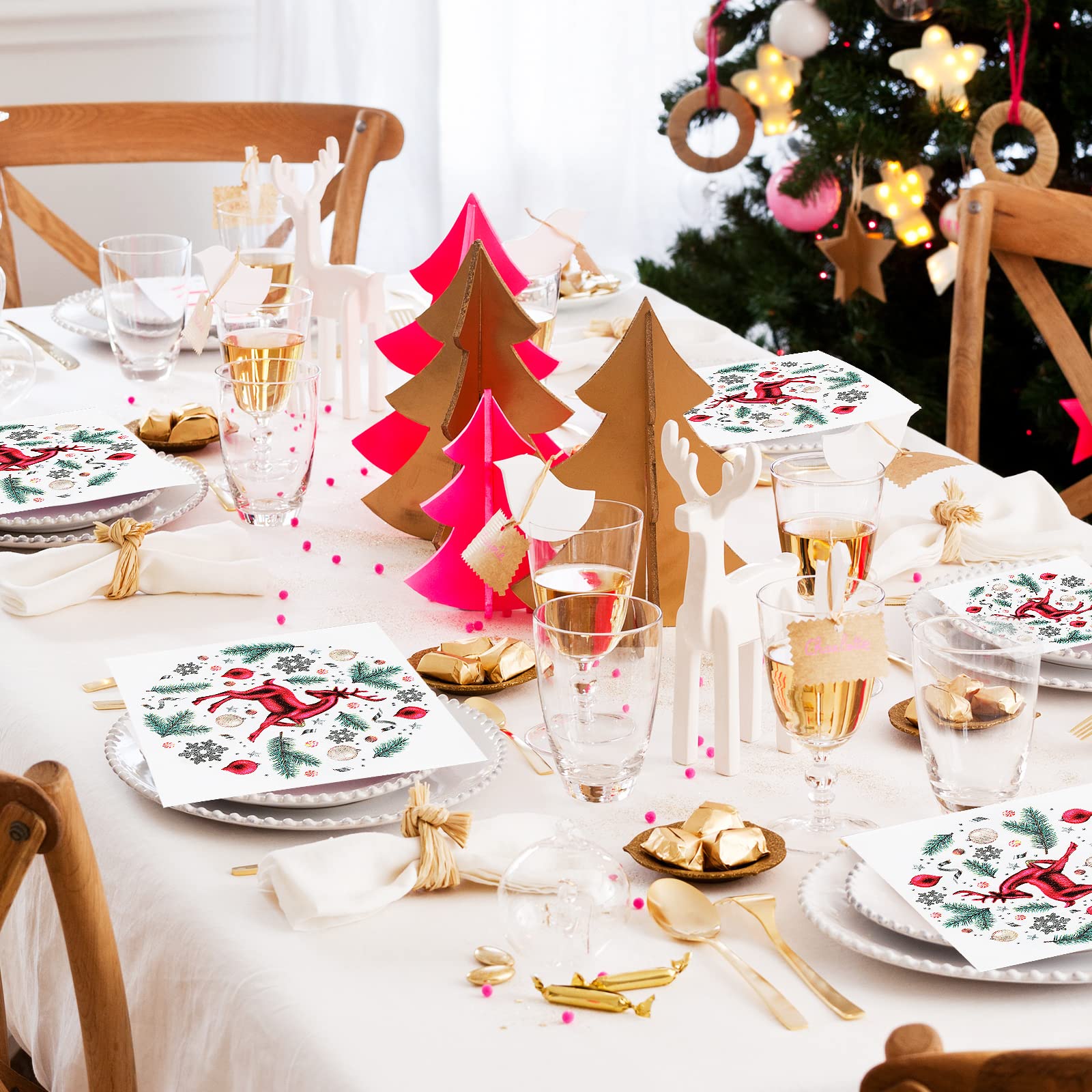 Lot De 60 Serviettes De Table - Motif Renne De Noël - 3 Couches - 33 X 33 Cm - Tissu Semblable à Du Tissu - Accessoires De Fête (Lot De 60 Serviettes