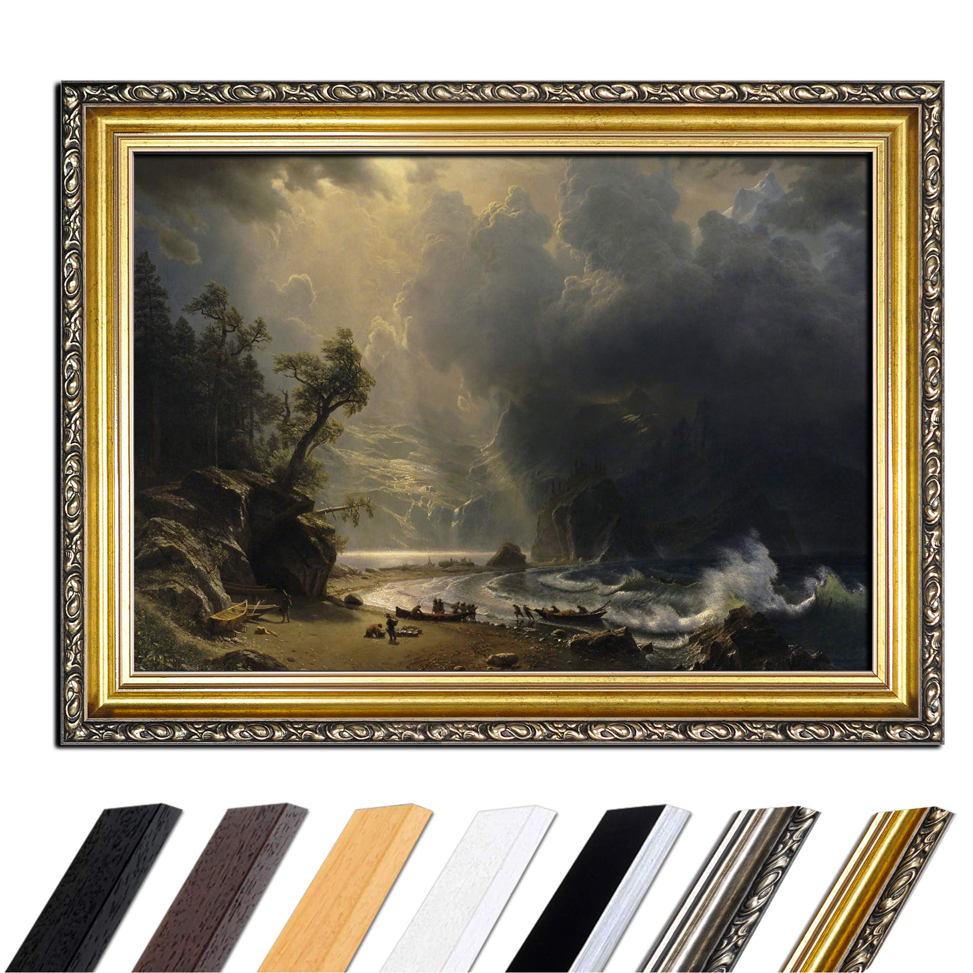 Bilderdepot24 Bild mit Rahmen - Albert Bierstadt Puget Sound on the Pacific Coast 80x60 cm - Gerahmtes Leinwandbild Alte Meister - Antiker Rahmen Gold Barock, Klassisch