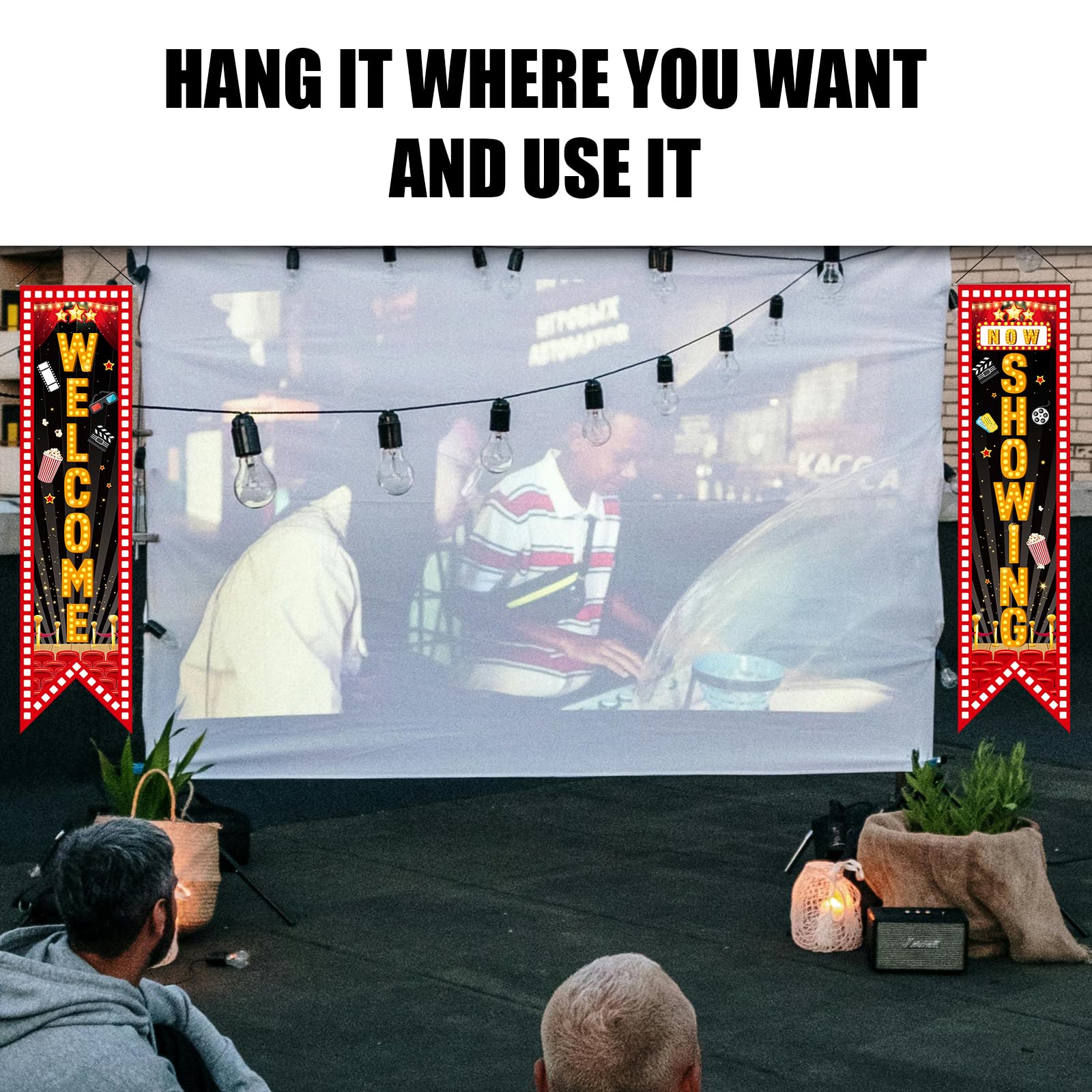 2pcs Movie Night Porch Hanging Banner, 47.2x11.8 Inch Welcome Now