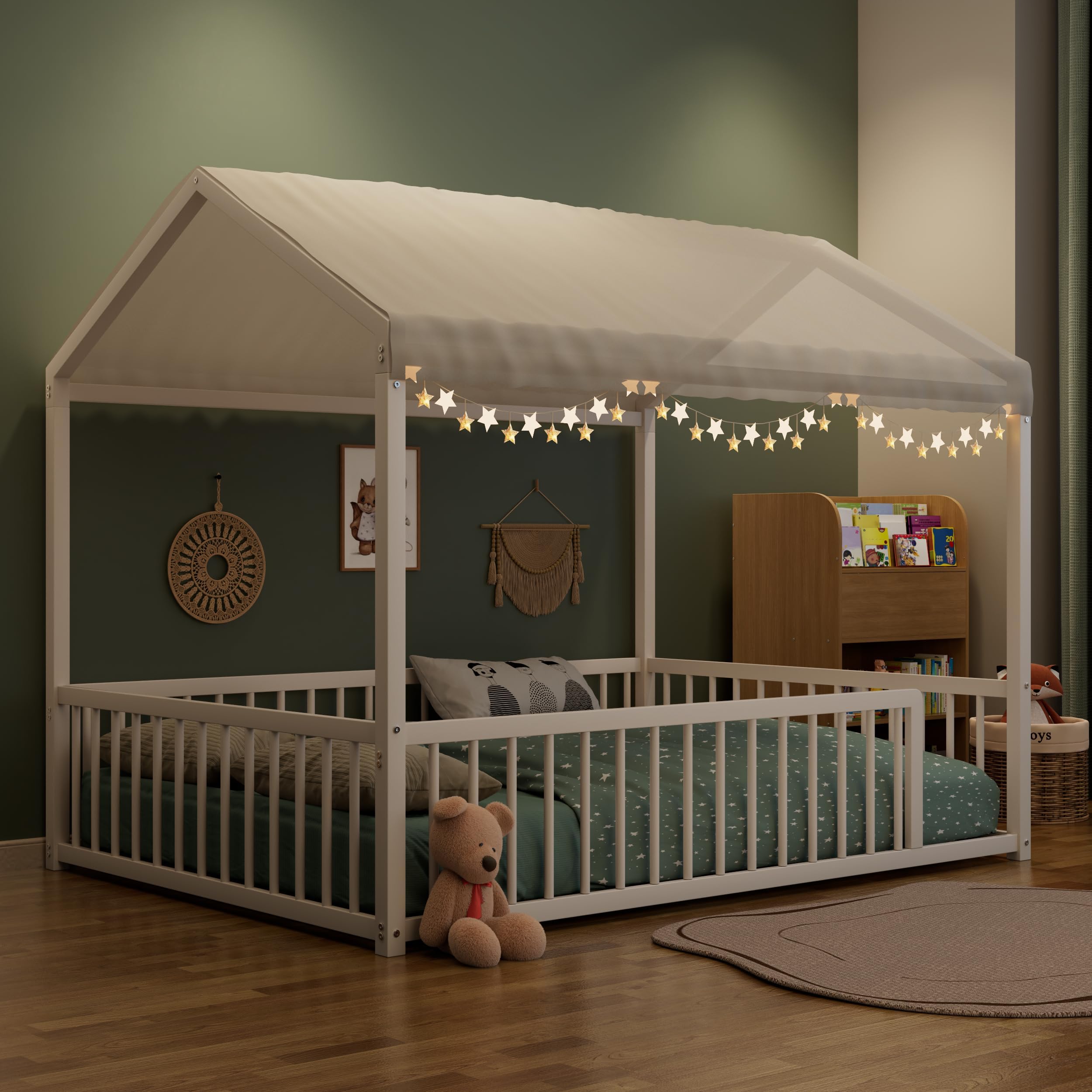 House Shape Full Size Montessori House Bed Metal Floor Bed Full Bedframe for Kids No Box Spring Needed, White