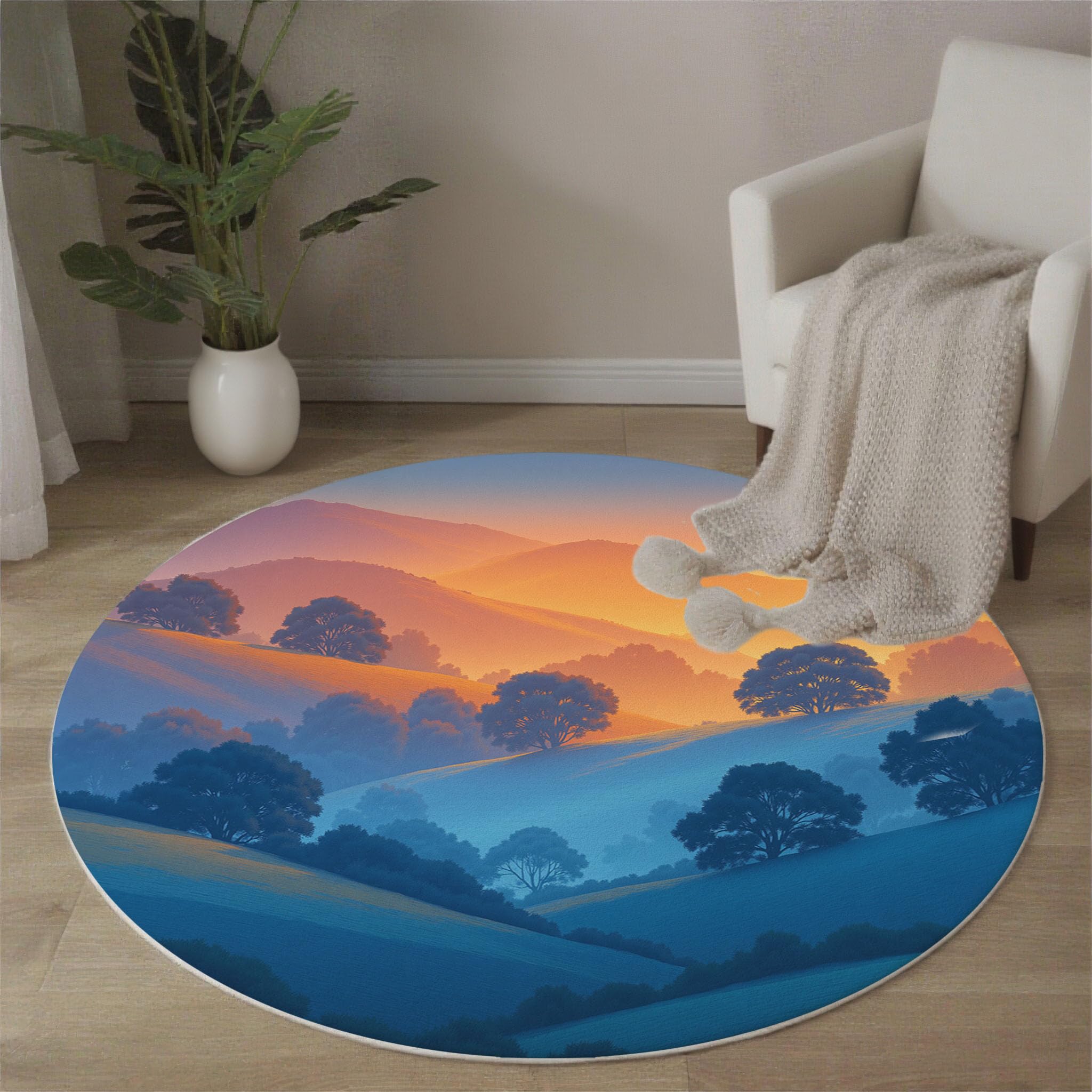 Runder Teppich Pastellfarben 100cm Kurzflor Teppich, Waschbar Rund Weich Rutschfest Teppiche, Minimalistische Landschaft Sonnenaufgangshügel Bäume für Wohnzimmer Küche Schlafzimmer Kinderzimmer