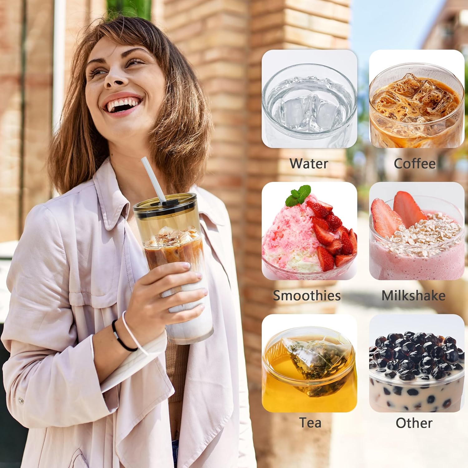 24oz Drinking Glasses Cups Set of 2 Leak Proof Iced Coffee Glass Tumbler with Lid Straw Glassware for Juice Coffee Smoothie Boba Tea(Gray & Amber) - Image 2