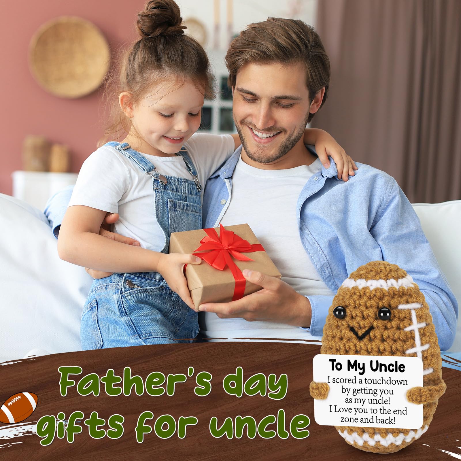 BiuNiuring Uncle Fathers Day Birthday Gifts from Niece Nephew, Father's Day Positive Handmade Crochet Uncle Gifts, Unique Funny I Love You Cute Football Small Gift for Uncles