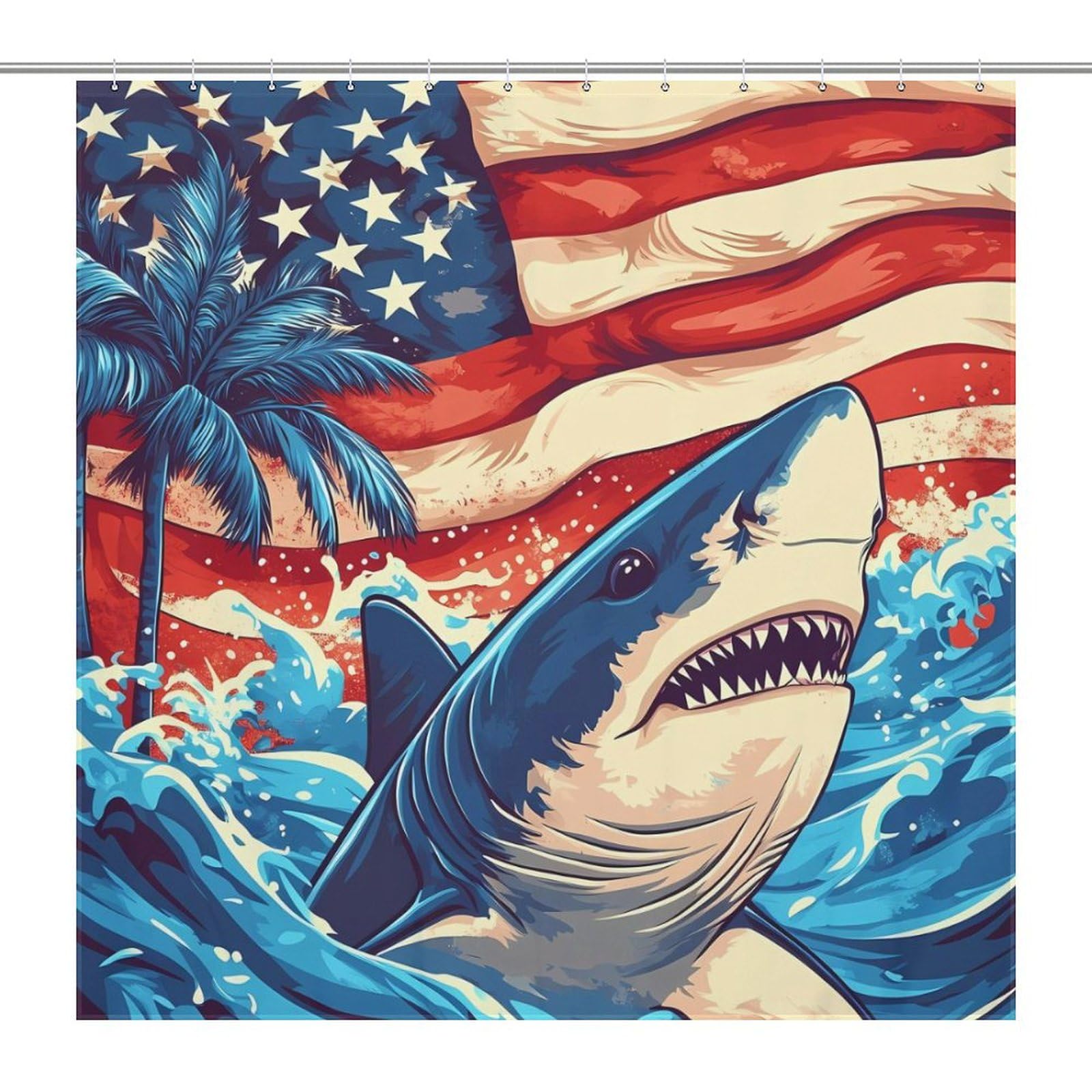 U.S.A Flag Shark Palm Trees Print Shower Curtain Bath Curtains for Bathroom Fabric Liner with Grommets Hooks 72x72Inch (183x183cm)