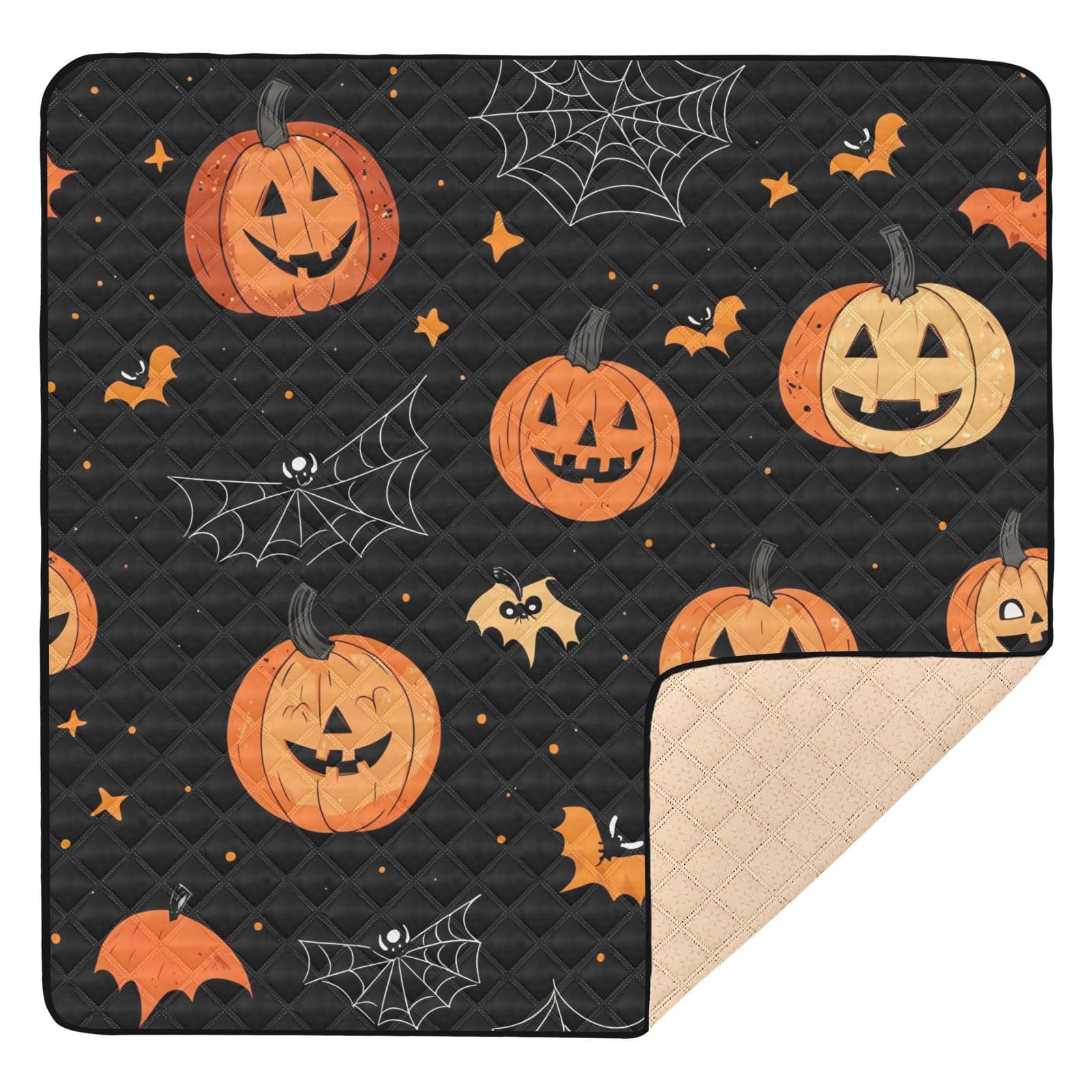 BOESI Doodle Halloween Pumpkin Baby Play Mat, 50“ X 50” Washable Folding Crawling Mat, Baby Floor Mat, Soft, Non-Slip