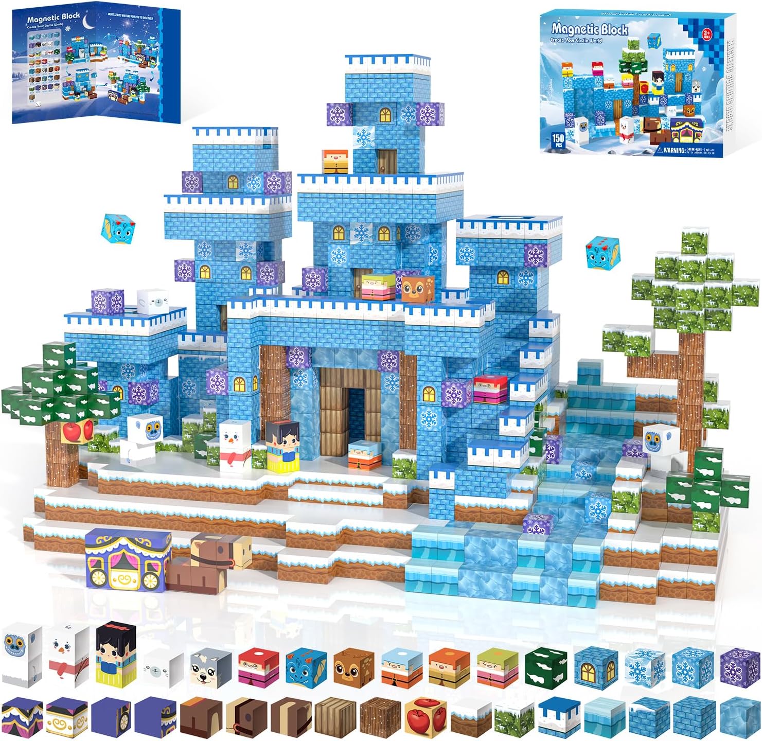 150PCS Magnetic Blocks, Magnet Building Blocks for Kids Age 4-8, Magnetic Cubes Sets for Frozen Princess Castle Build, Magnet Cubes Tiles Toys for Girls Age 3+ Years Old Birthday Gift