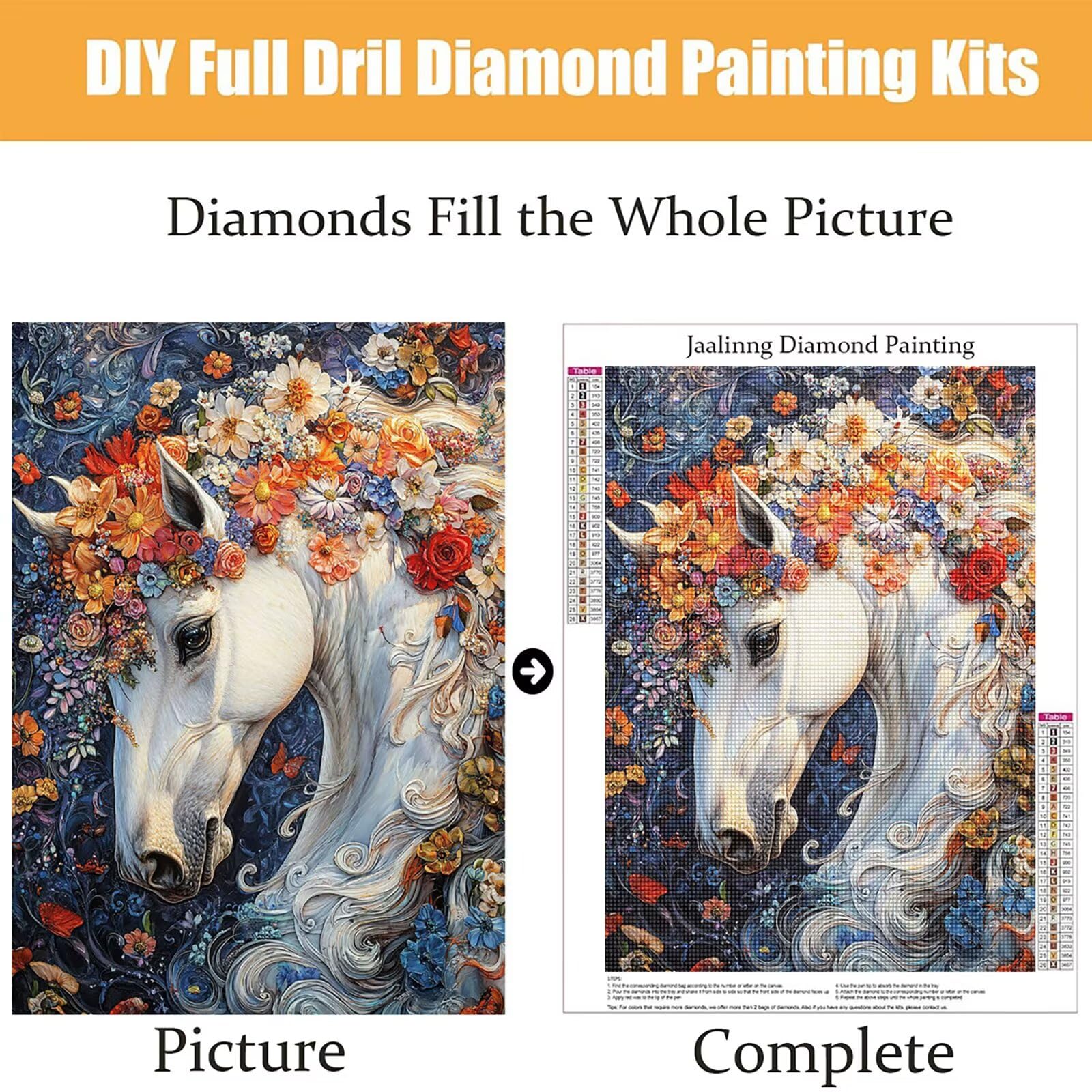 Diamond Painting Kit Completo, Diamond Painting Cavallo, 5D Quadrato Pittura Diamante Kit Manualidades Adultos DIY Diamantini Crystal Art Disegni Ricamo Punto Croce Artigianale, 60x90cm Fiori j0-912