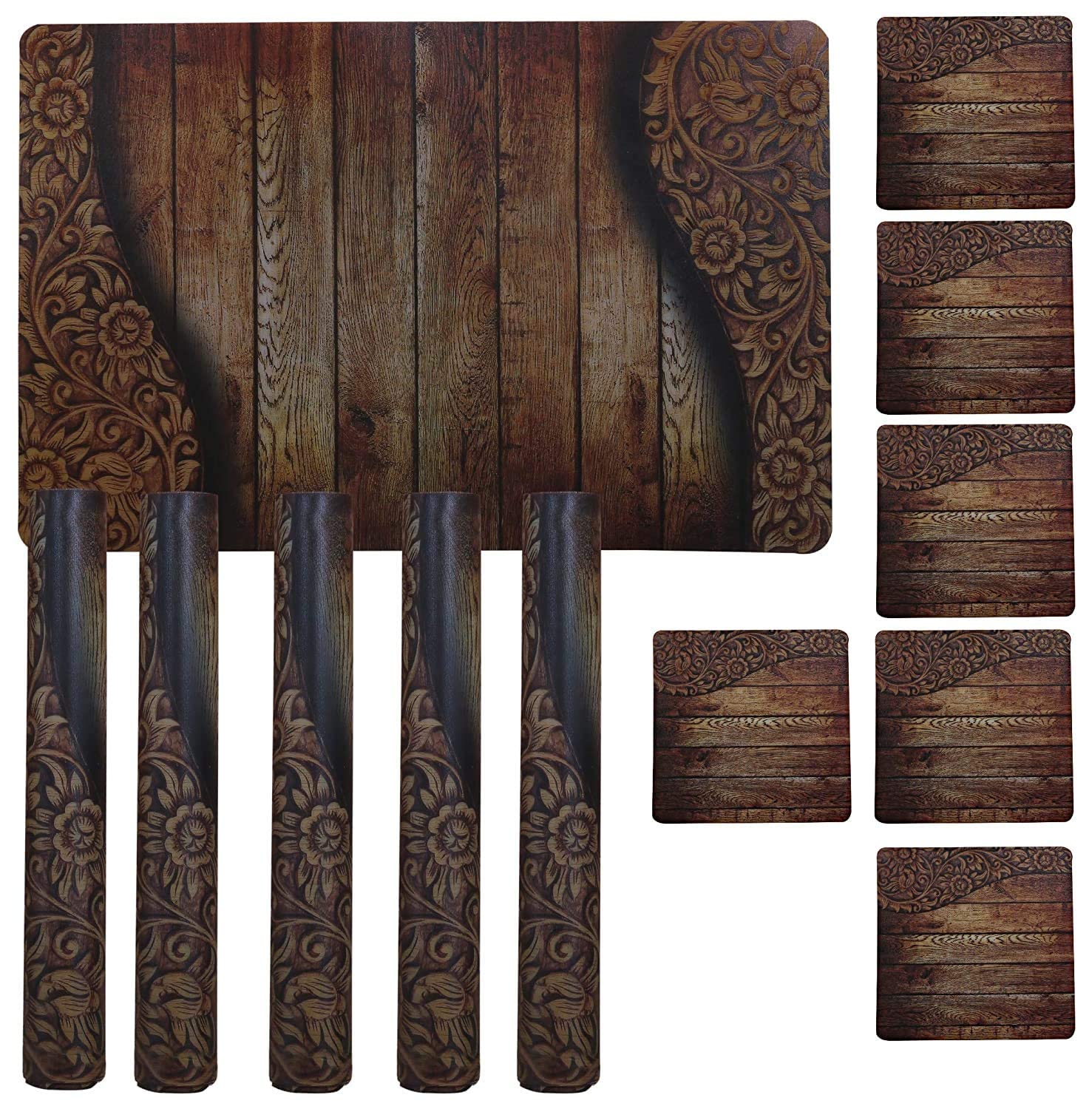 Kuber Industries Wooden Design PVC 6 Piece Dining Table Placemat Set with Tea Coasters - Brown