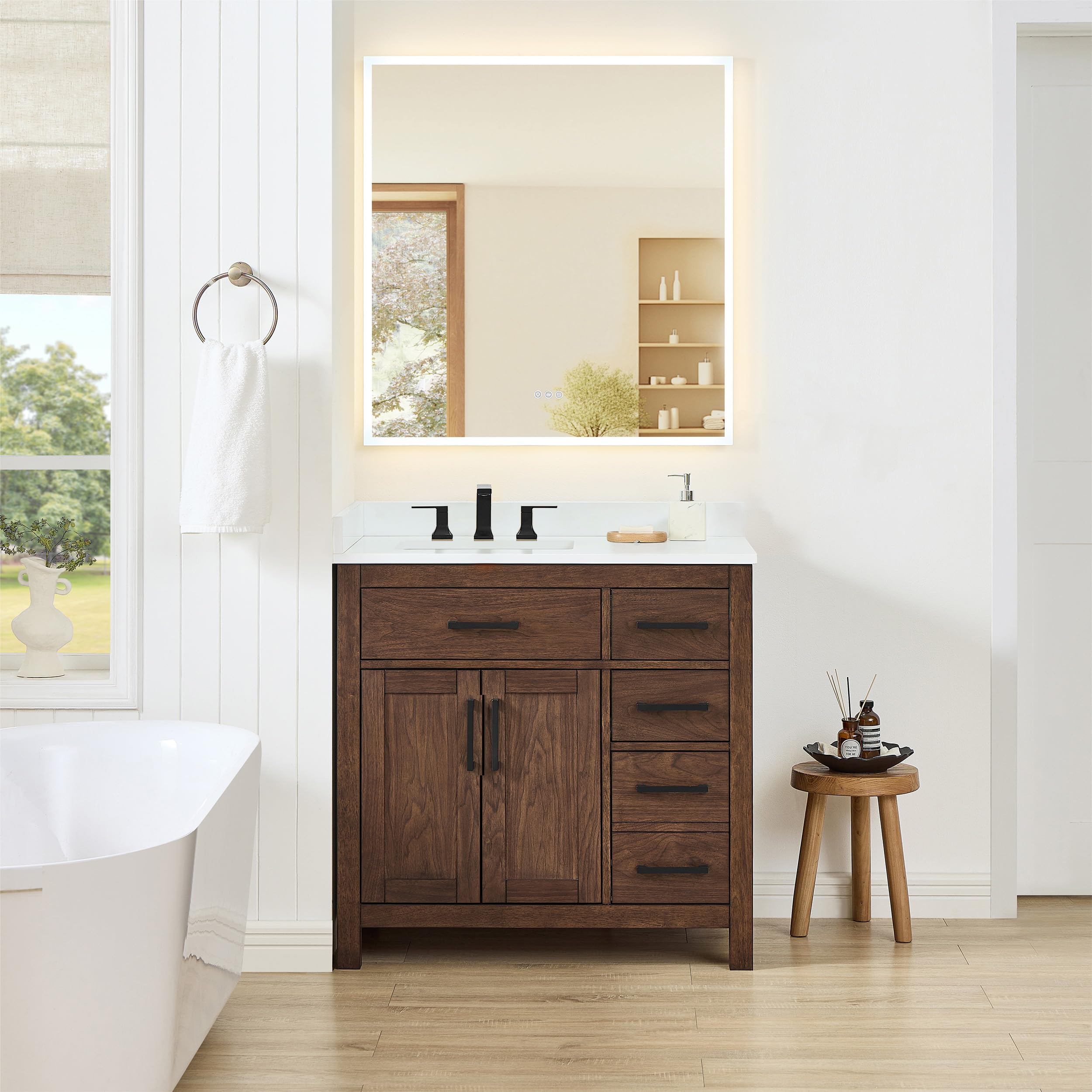 Beckett 36 Inch Single Bathroom Vanity in Dark Walnut, White Cultured Marble Countertop, Undermount Square Sink (3-Hole), Matte Black Trim